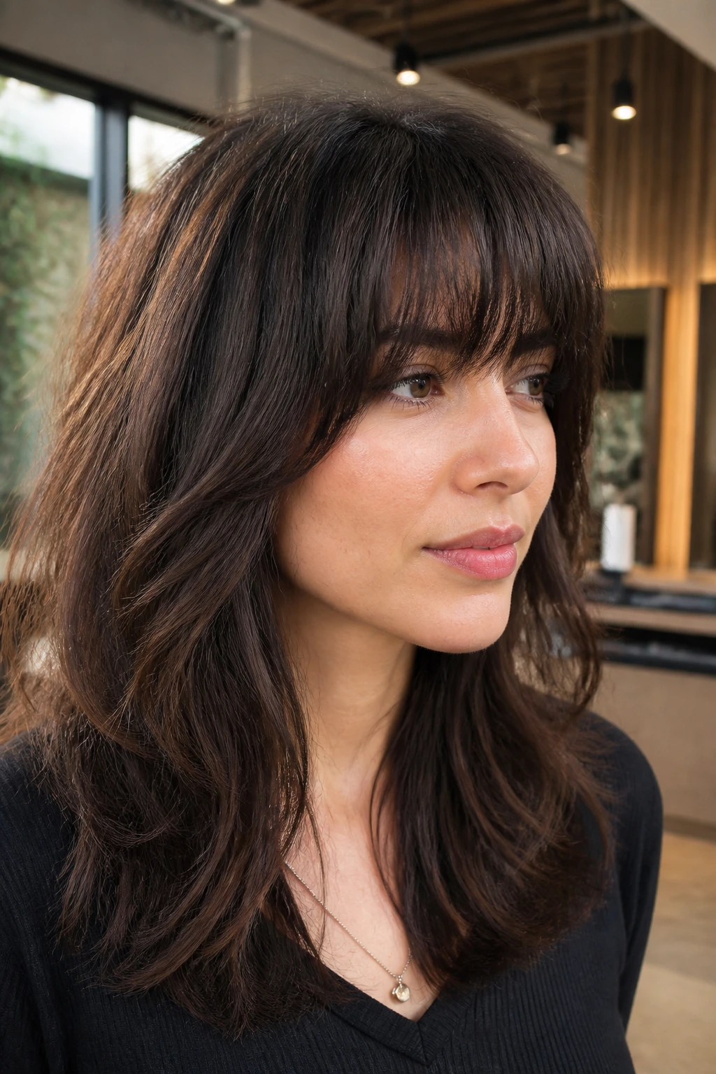 Close-up portrait of a real woman with dense textured bangs for thick hair, salon lighting