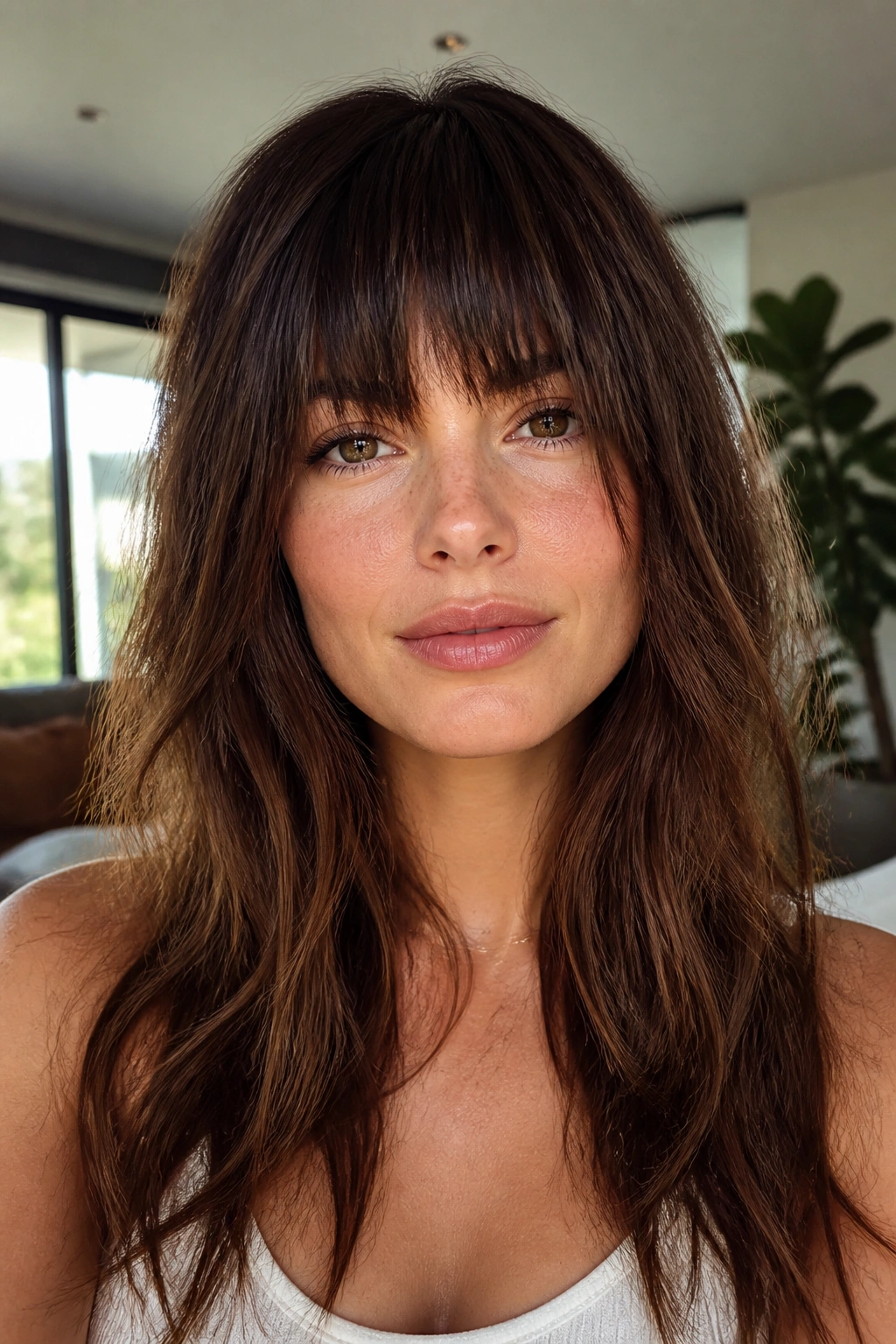 Close-up of a real woman with dense choppy bangs framing the face