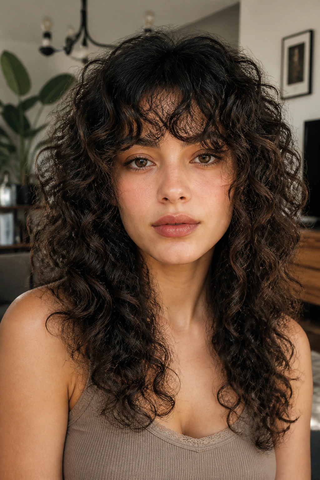 Close-up of a real person with dense curls and hidden overdirection in a shag