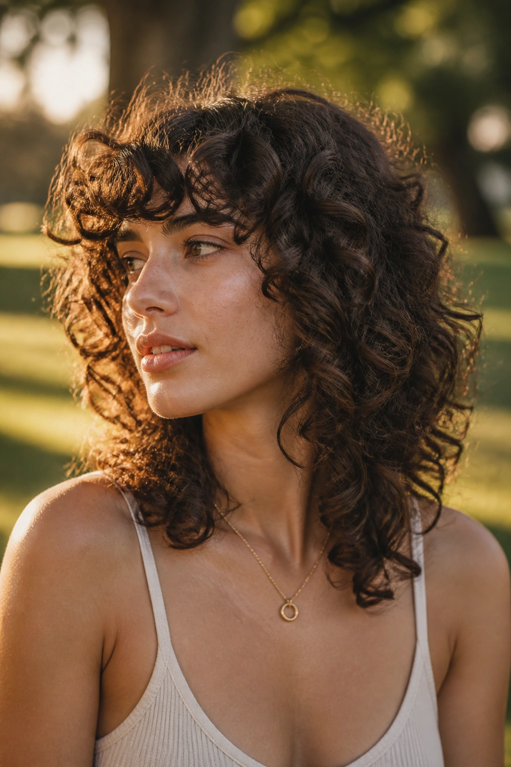 Portrait of real person with dense curly wolf cut and crown lift.