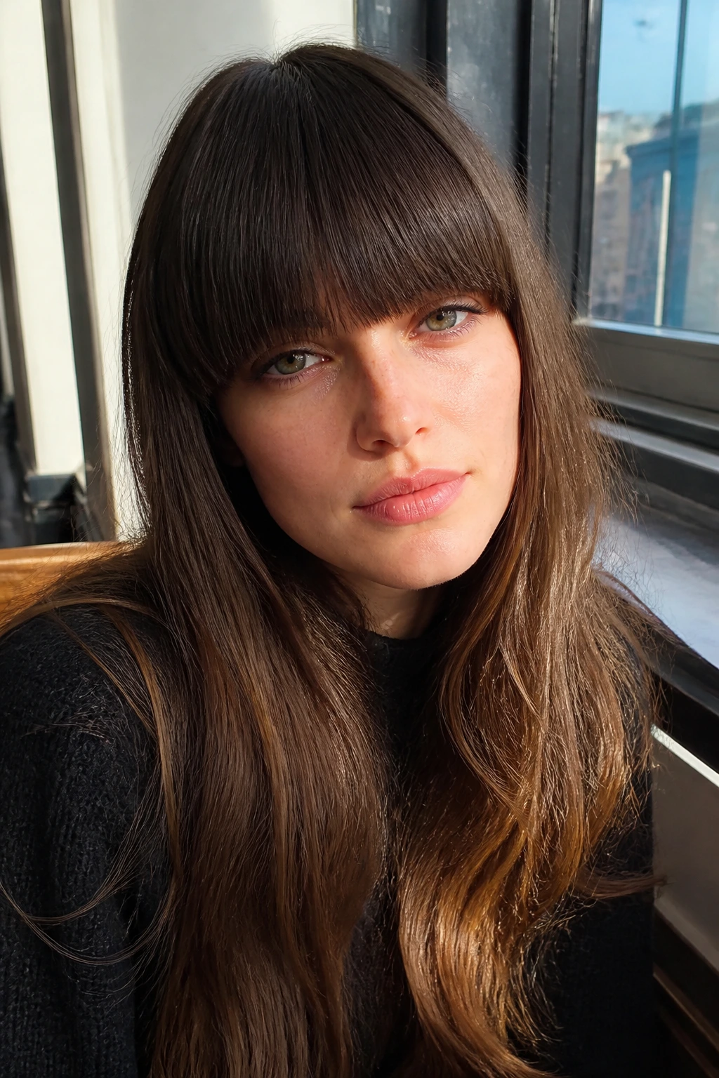 Close-up portrait of a real person wearing a dense, straight fringe.