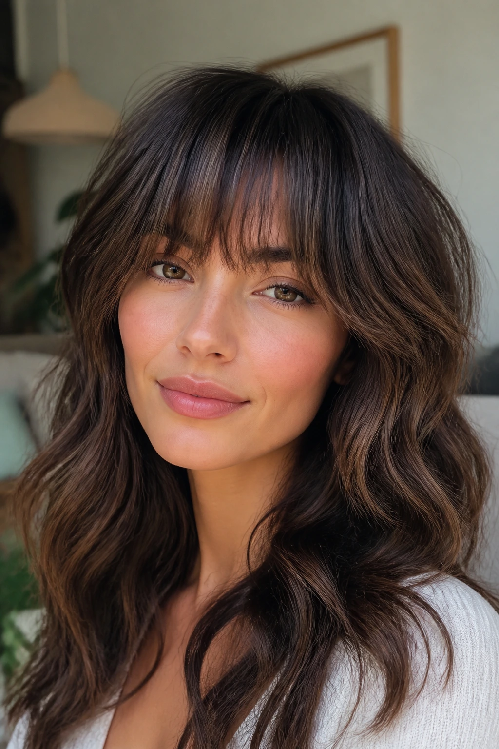 Portrait of a real person with dense fringe featuring internal texture at the front