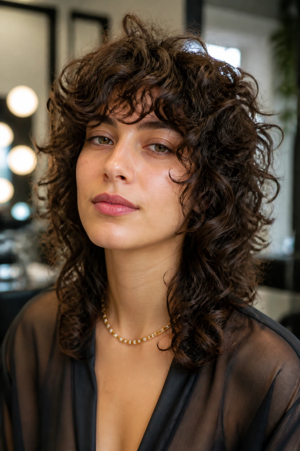 Close-up of a real person with dense, frizz-prone curls styled into a wolf cut.