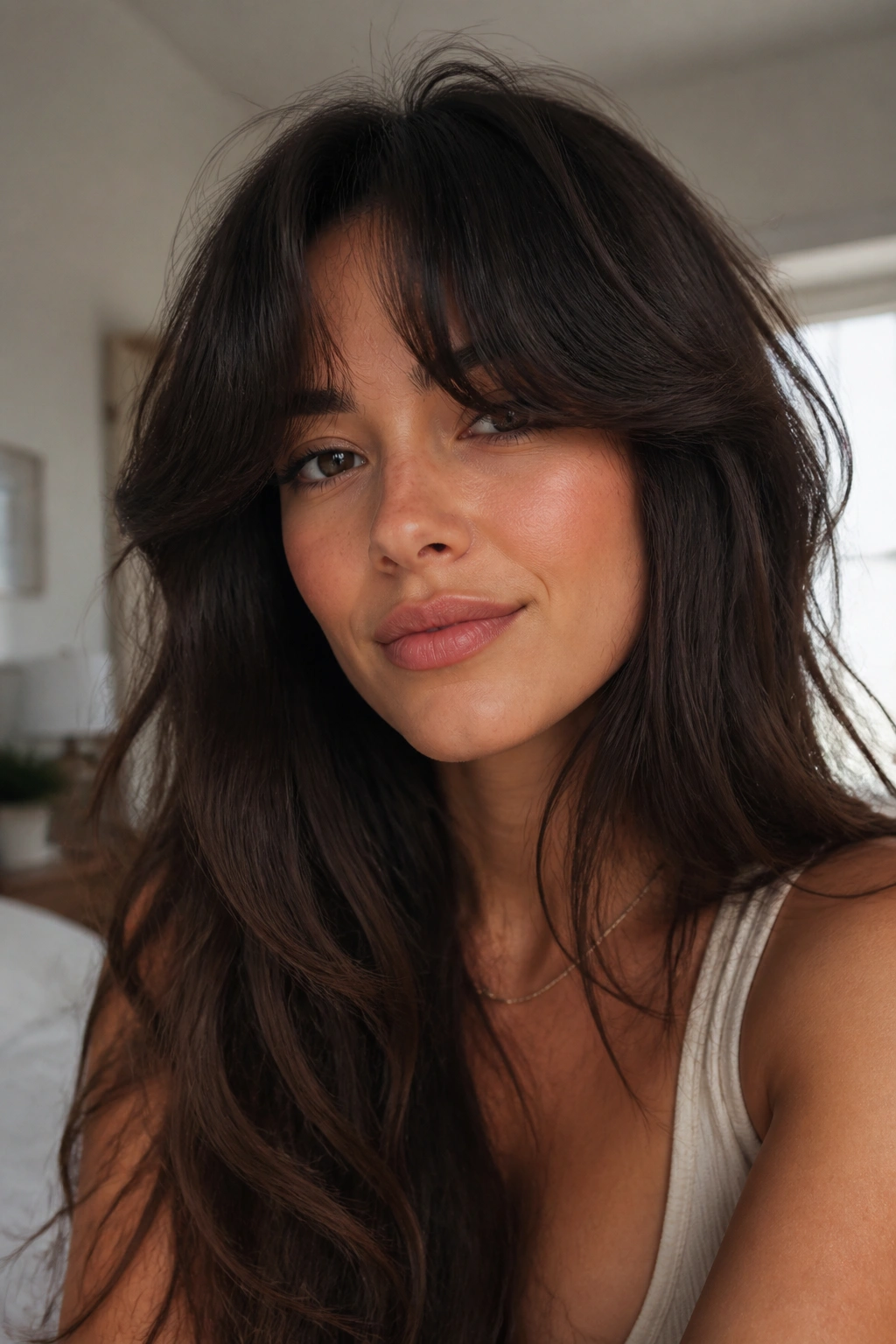 Close-up of a real woman with thick curtain bangs for dense hair