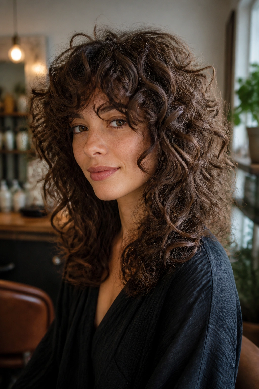 Close-up of a real woman with a big-volume curly shag for dense hair in natural window light