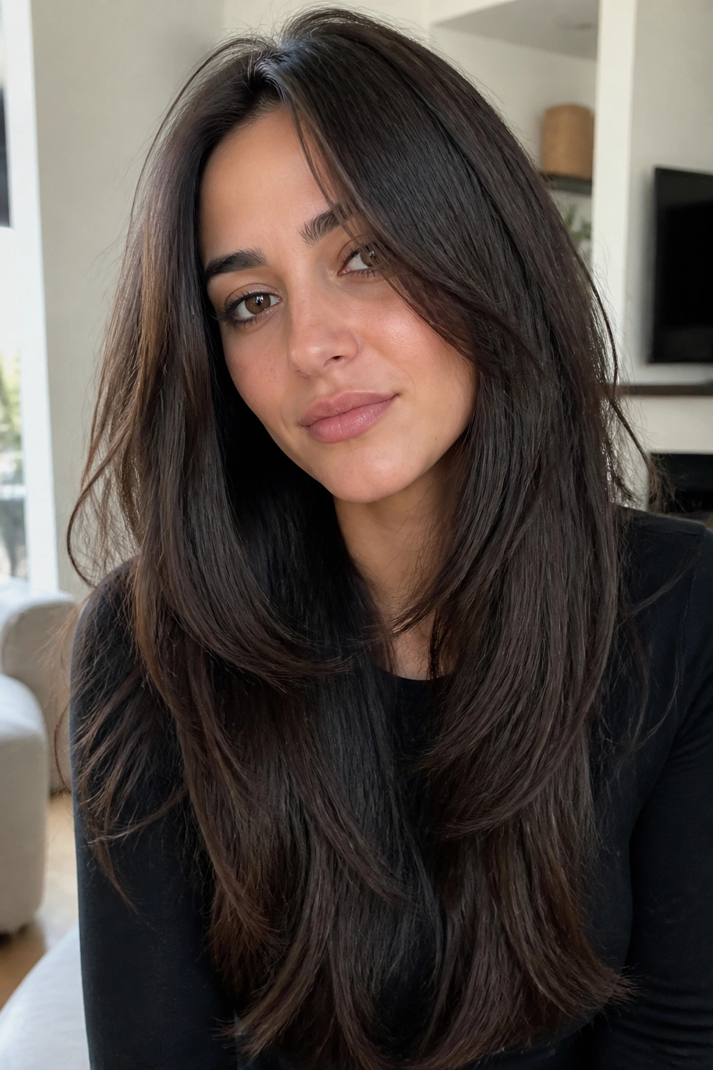 Close-up of a real woman with dense hair and long front frame in a cozy home setting