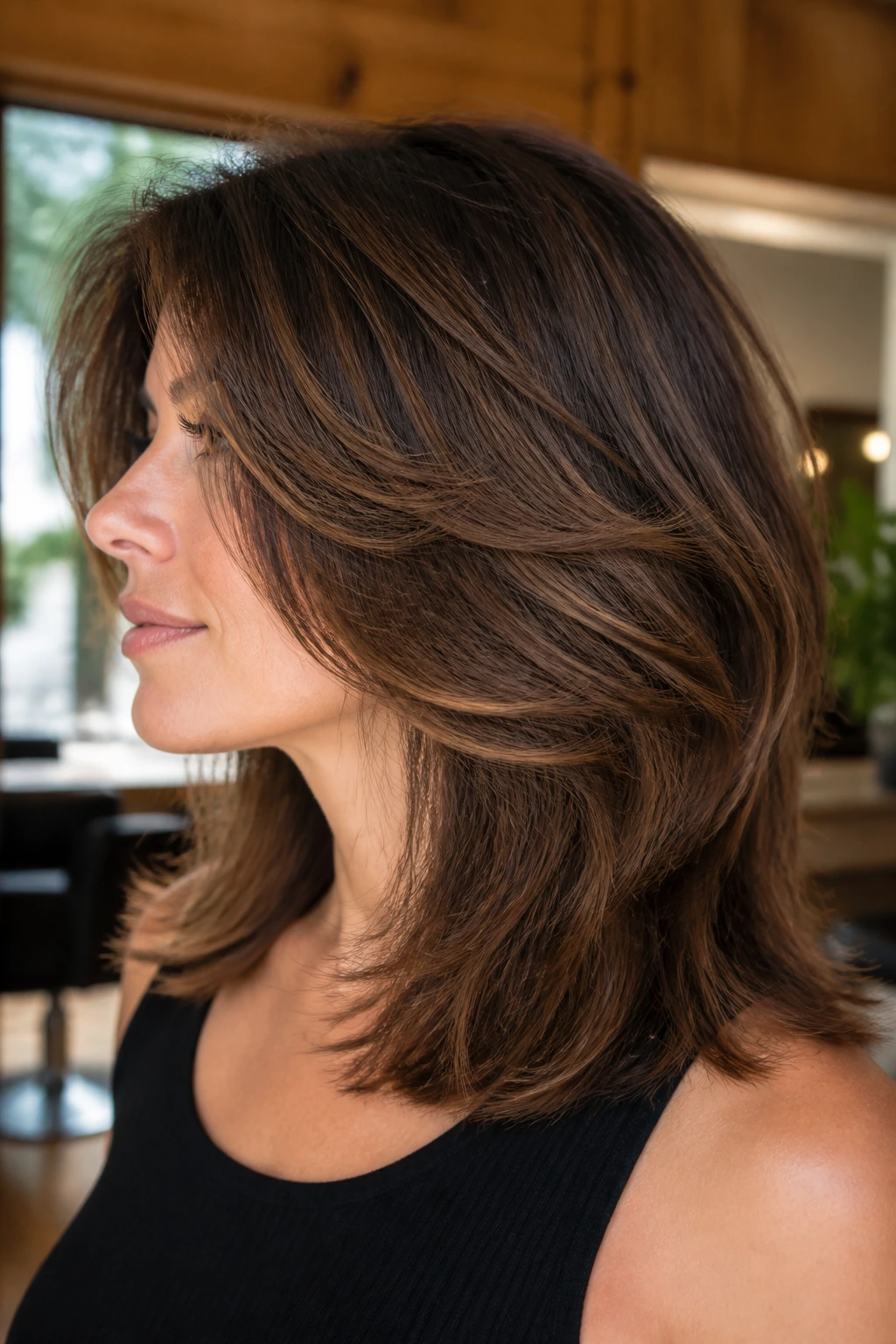 Close-up portrait of a real person with thick shoulder-length hair showing mid-shaft weight removal layers in a salon setting