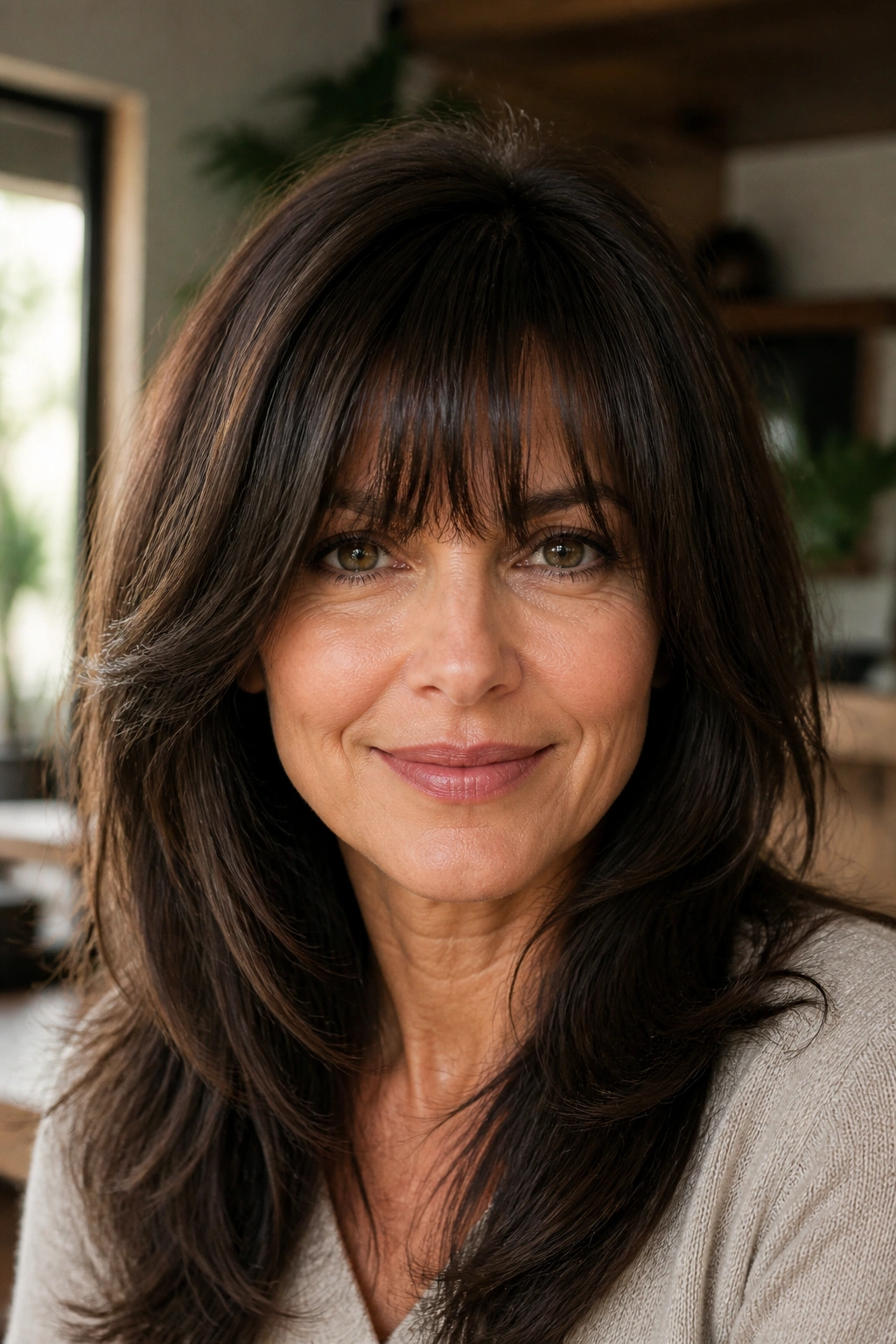Real woman with dense layered bangs in a cozy home setting