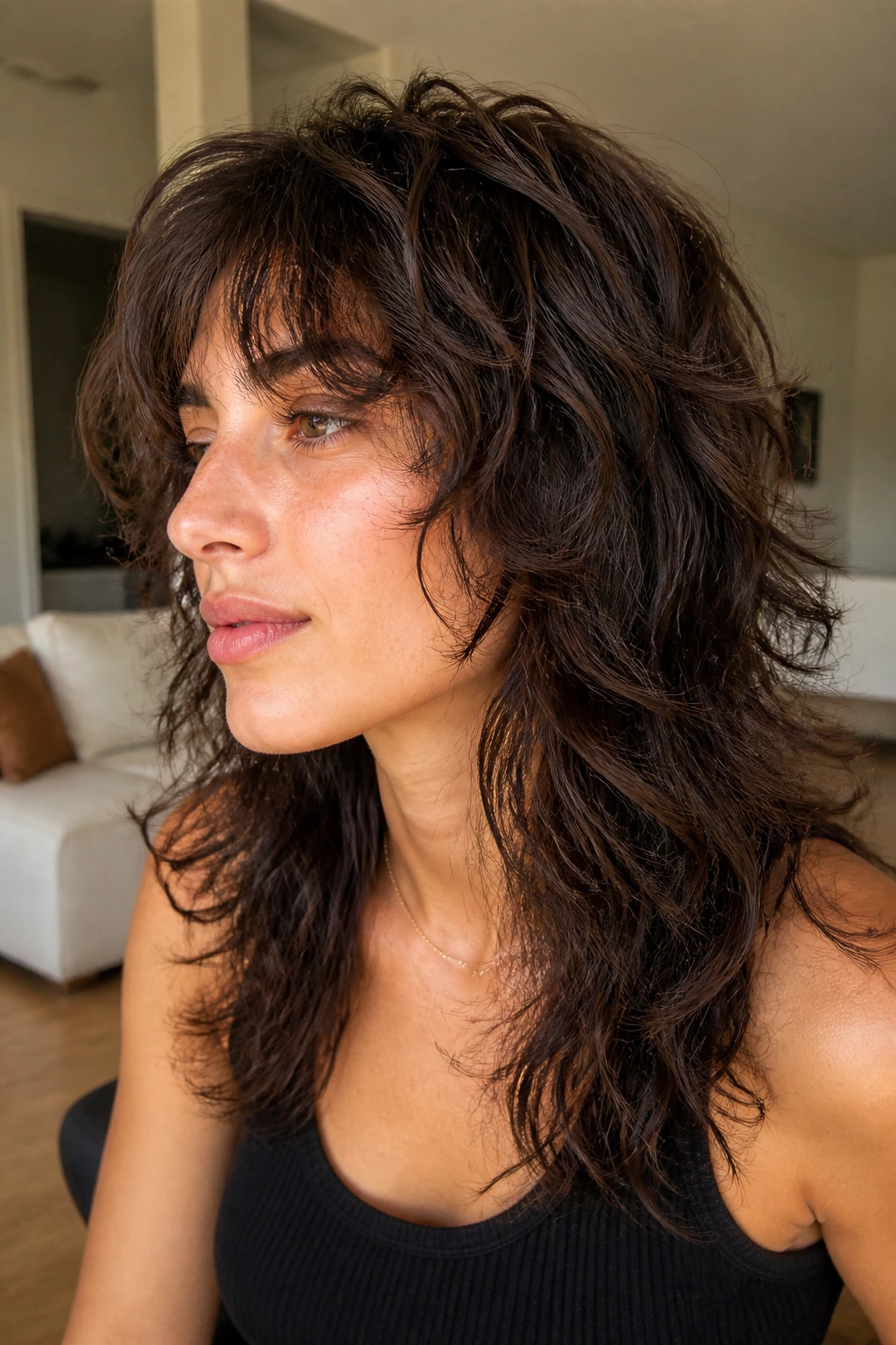 Close-up portrait of a real person with dense layered shag and noticeable crown layering.