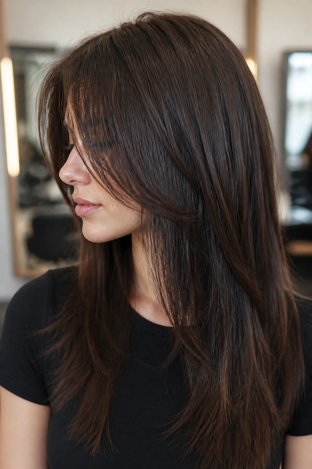 Real person with dense straight hair shag showing internal weight removal for smoother silhouette