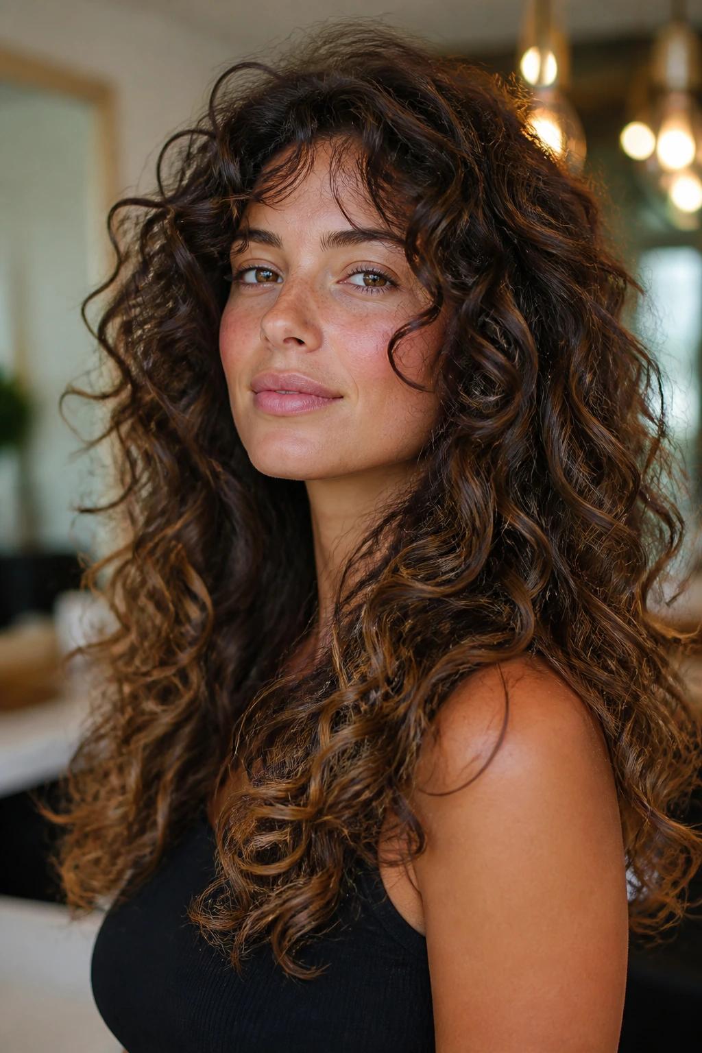 Close-up of a real woman with long curls cut curl-by-curl in a dry cut.