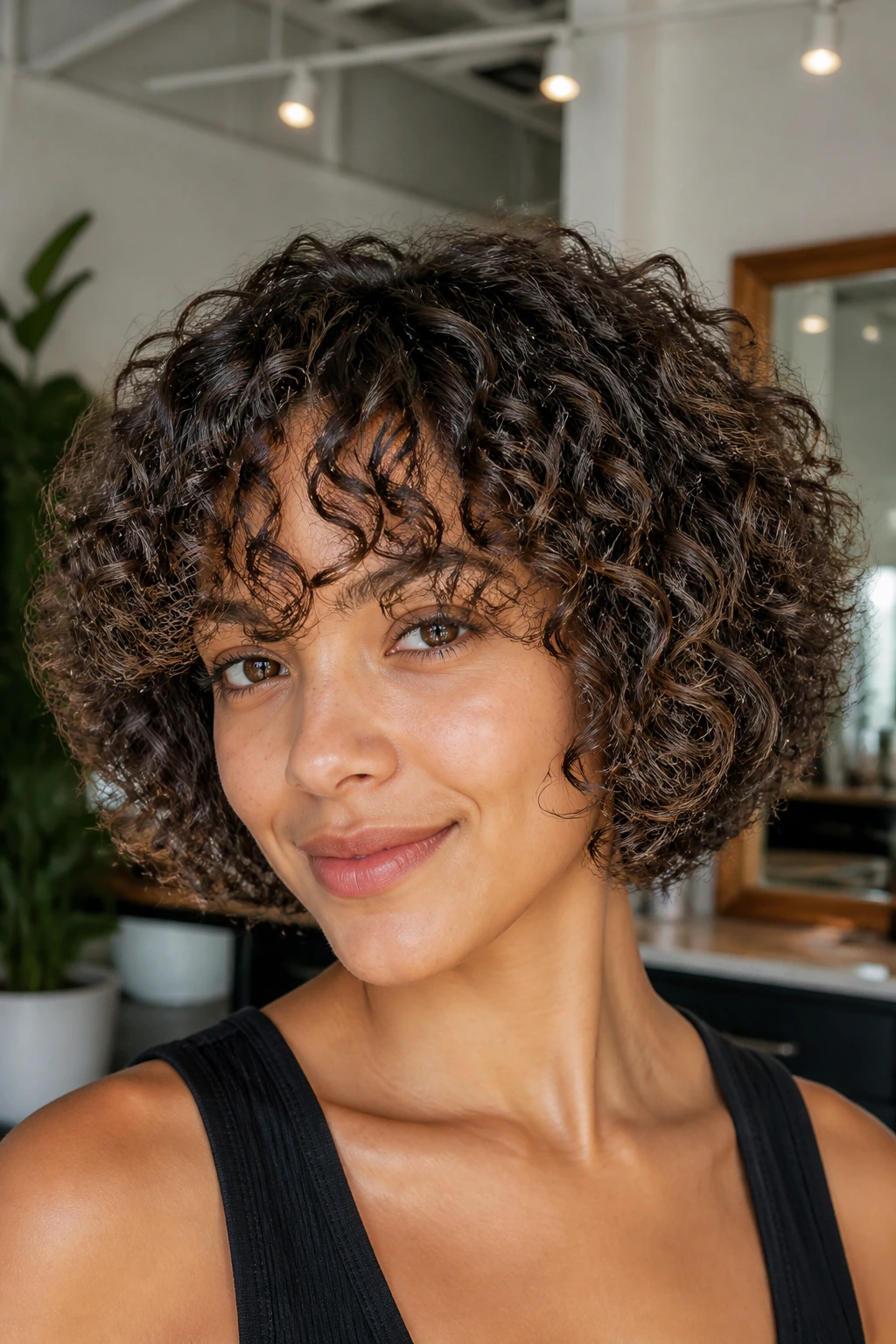 Close-up of Deva-cut bob with face-framing bangs on a real person