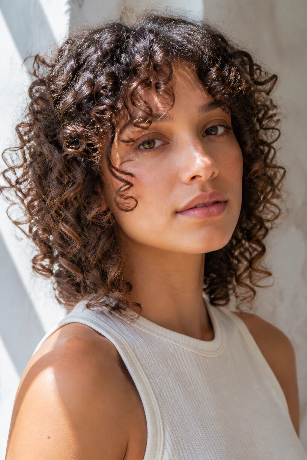 Close-up of a real woman with front-framing Deva-cut curls around cheekbones.