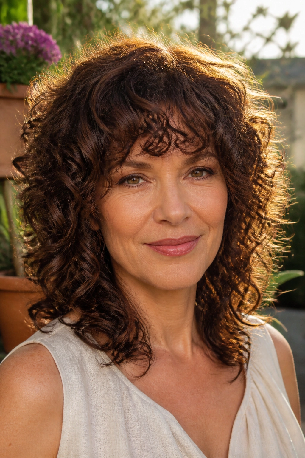Close-up portrait of a real woman with Deva-Cut curly shag in sunlit outdoor setting
