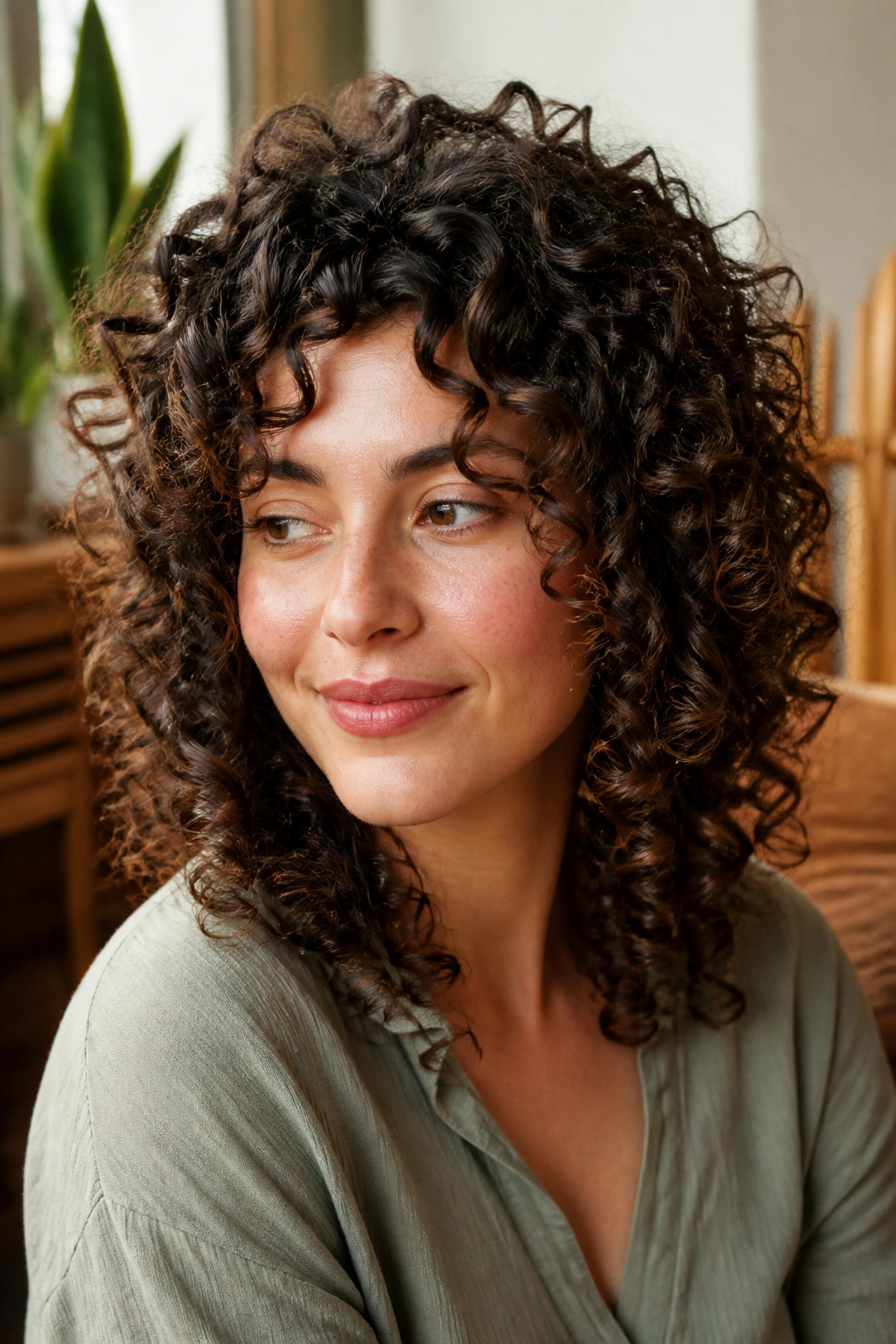 Close-up of a real person with a Deva-inspired dry-cut curly hairstyle showing balanced interior curl shape