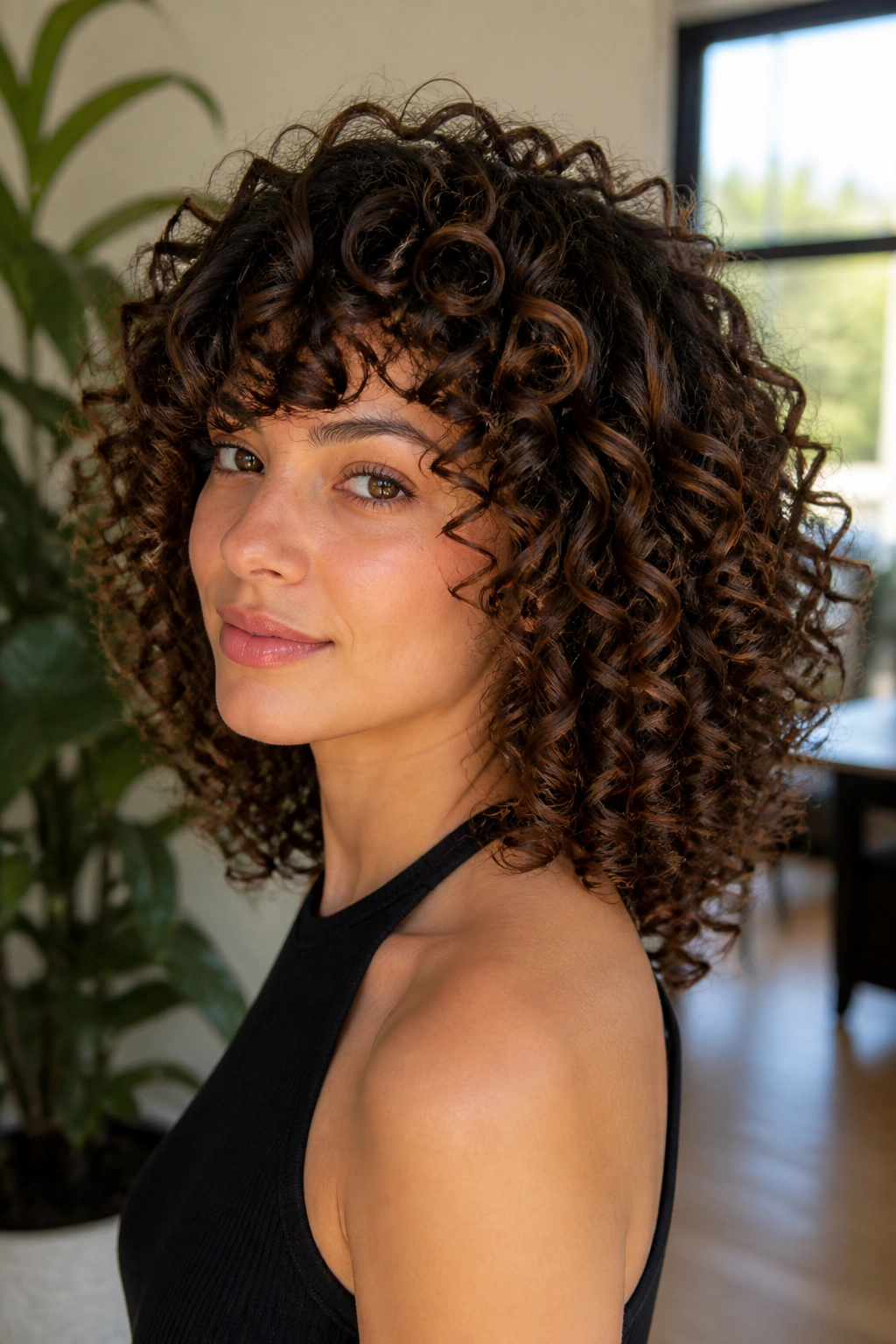 Close-up of a real woman with Deva-style curl-by-curl defined curls