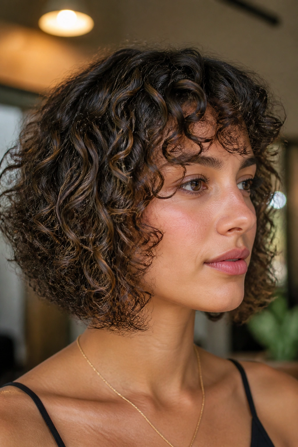 Close-up of a real person with DevaCut bob and face-framing bangs in soft setting