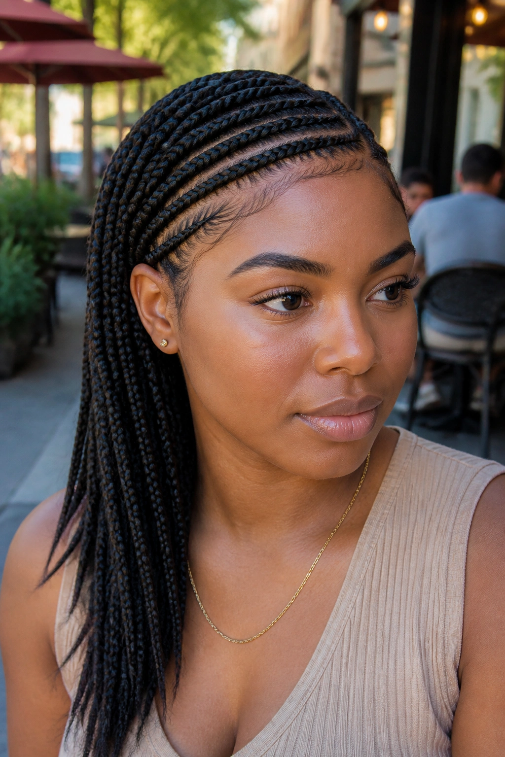 Close-up of diagonal cornrows sweeping to the side on a real woman.