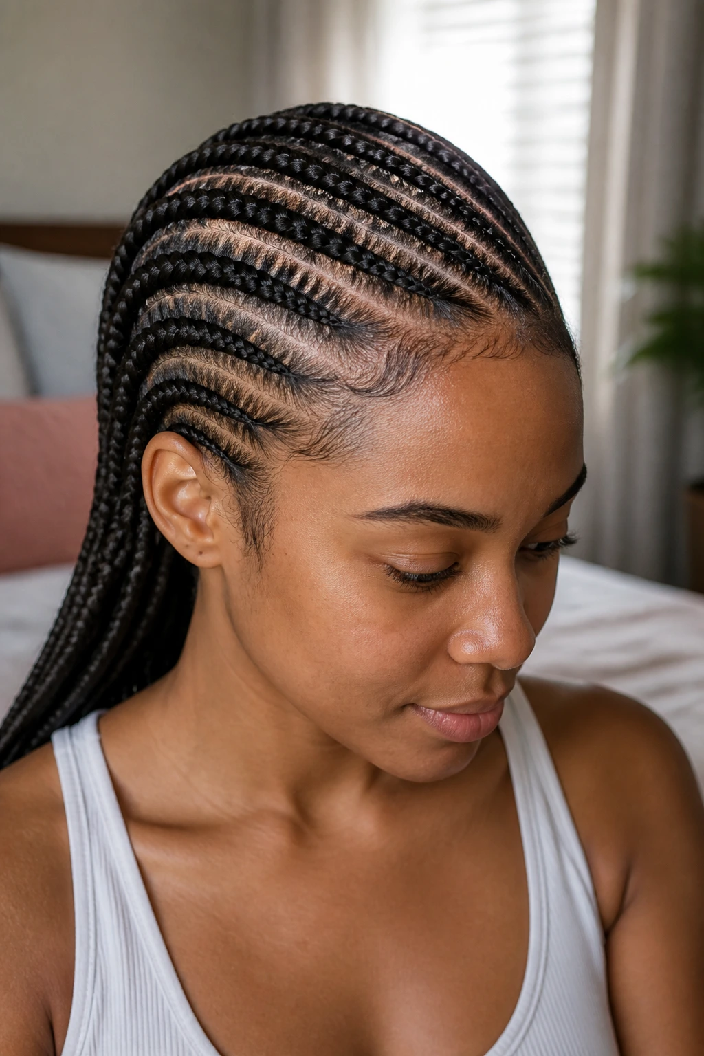 Close-up of a real woman with diagonal feed-in braids across the crown