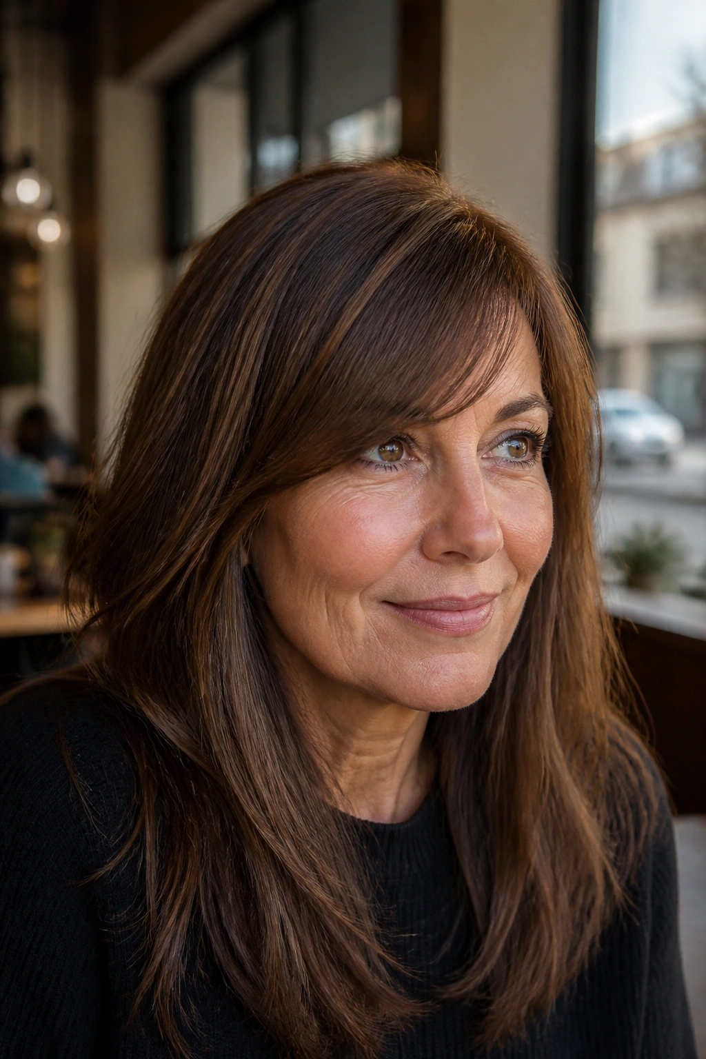 Real woman with diagonal side fringe following part in a cozy cafe