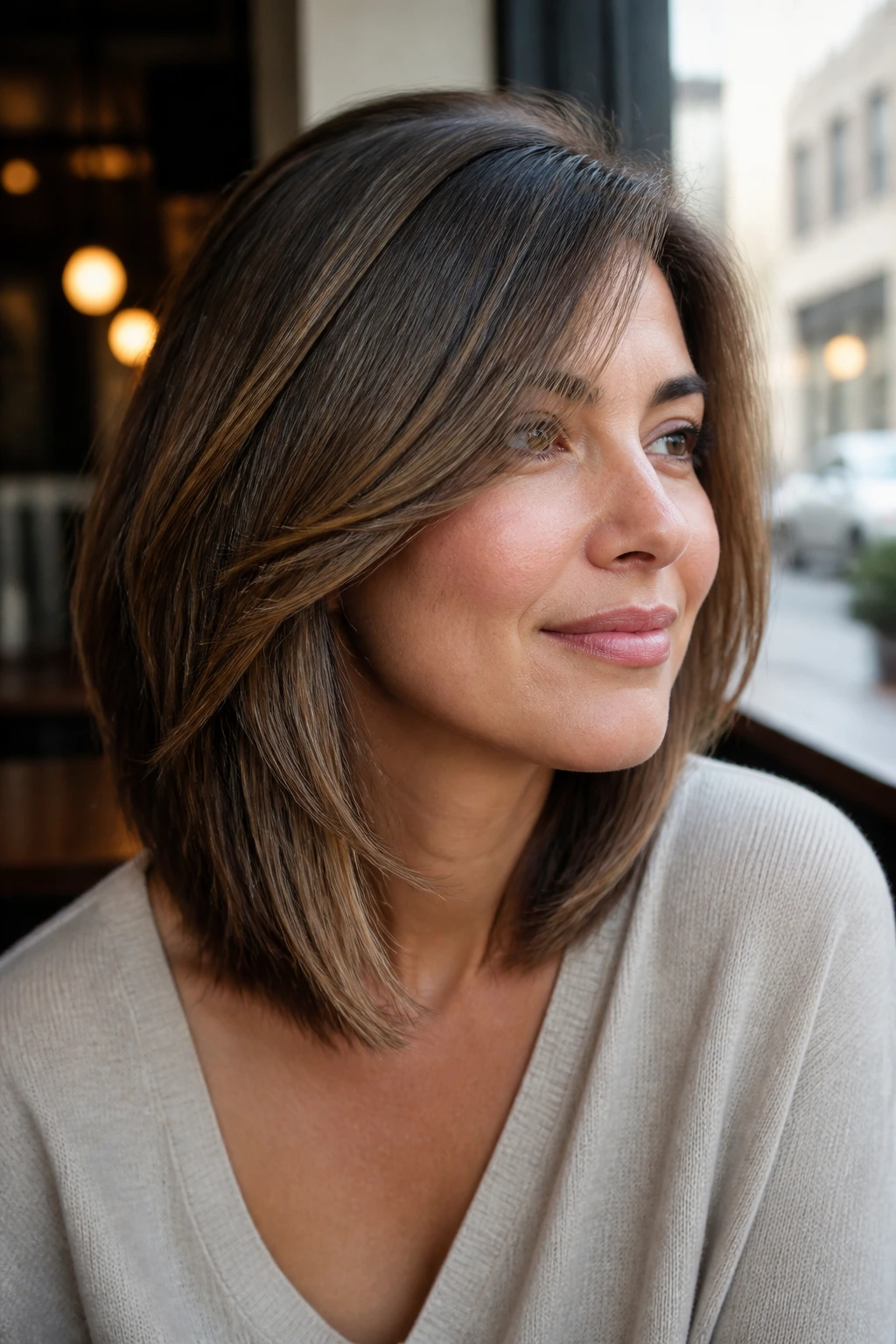 Close-up of a real woman with diagonal layers slimming a round face