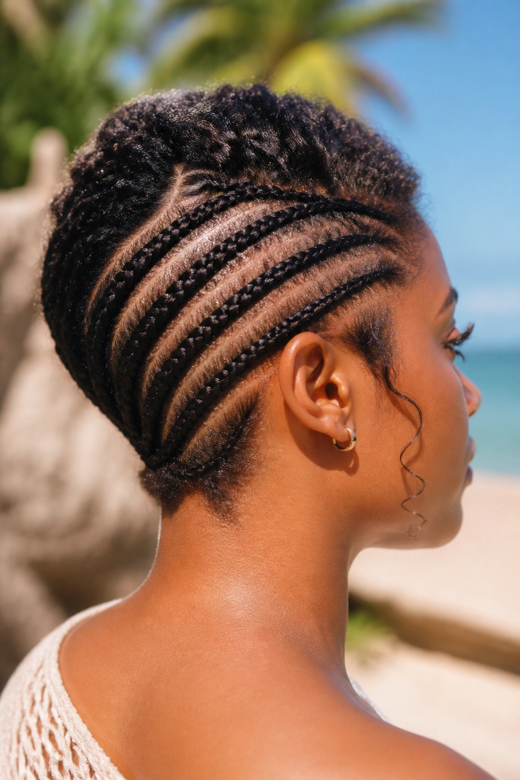 Close-up of a real person with diagonal nape braids starting at the temple and angling toward the nape