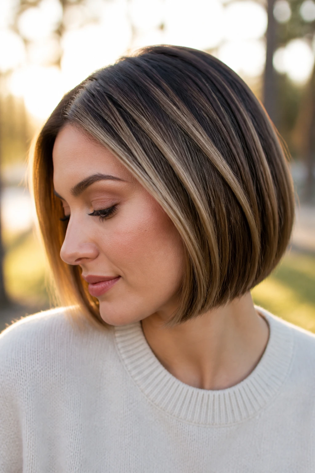 Close-up portrait of a person with diagonal ribbon lights in a bob