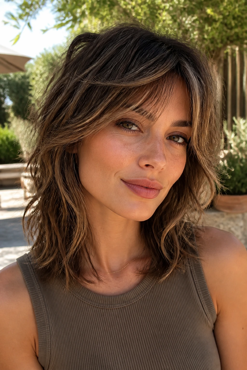 Close-up of a real woman with a diamond-face shag emphasizing cheekbones and jawline