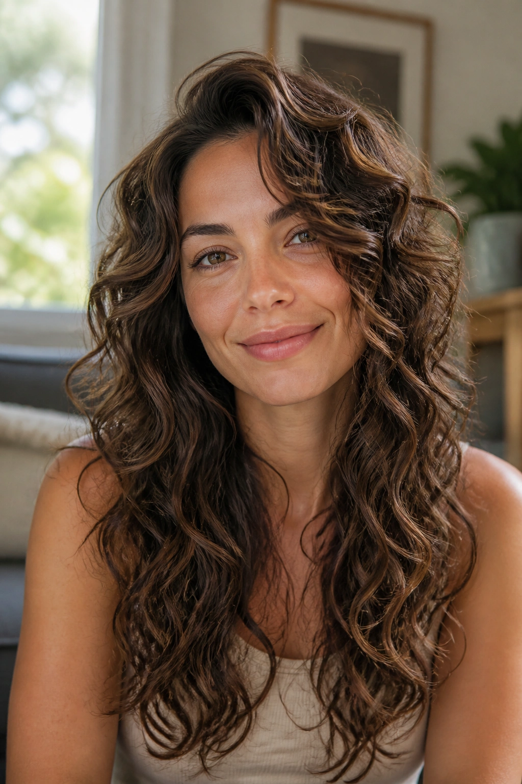 Close-up of a real woman with diffused curl-clump layers and natural waves