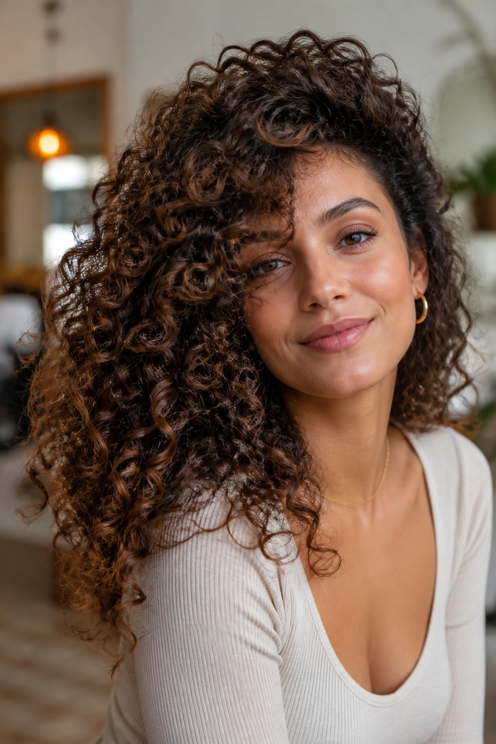 Close-up of a real person with diffused, side-swept curls creating volume.
