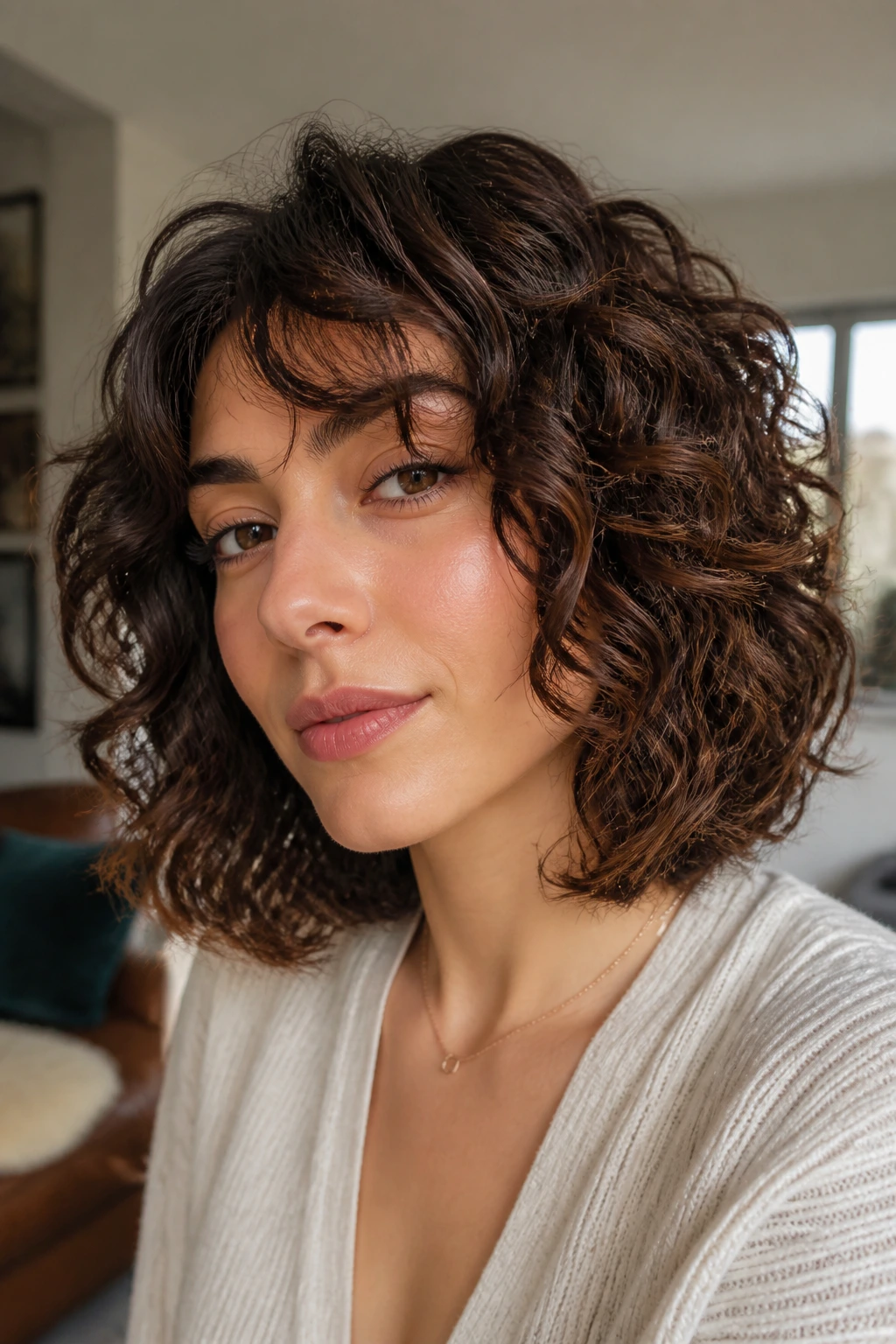 Real person with diffused layered lob and curl clumps