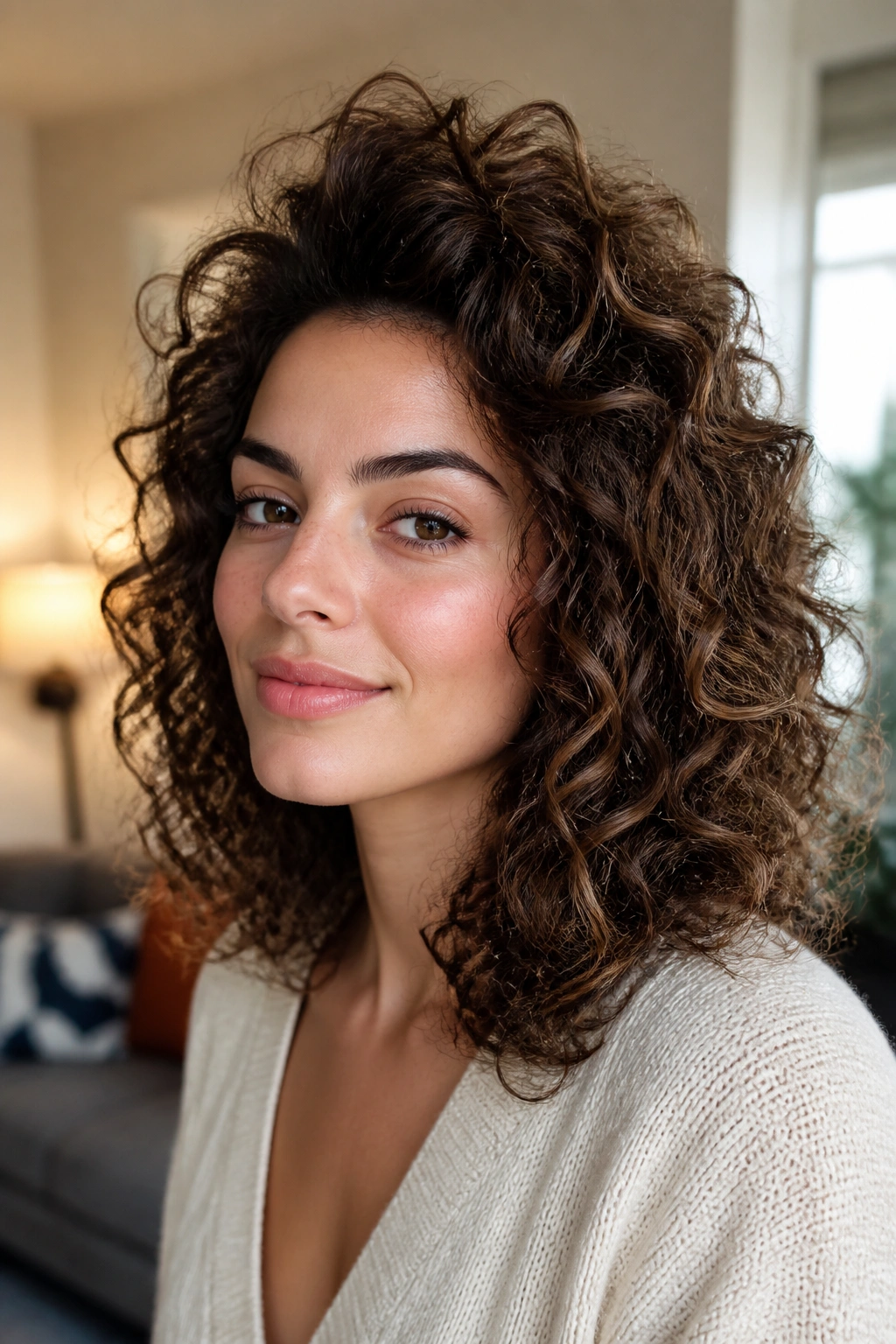 Real woman with diffused root-lift style and lifted crown.