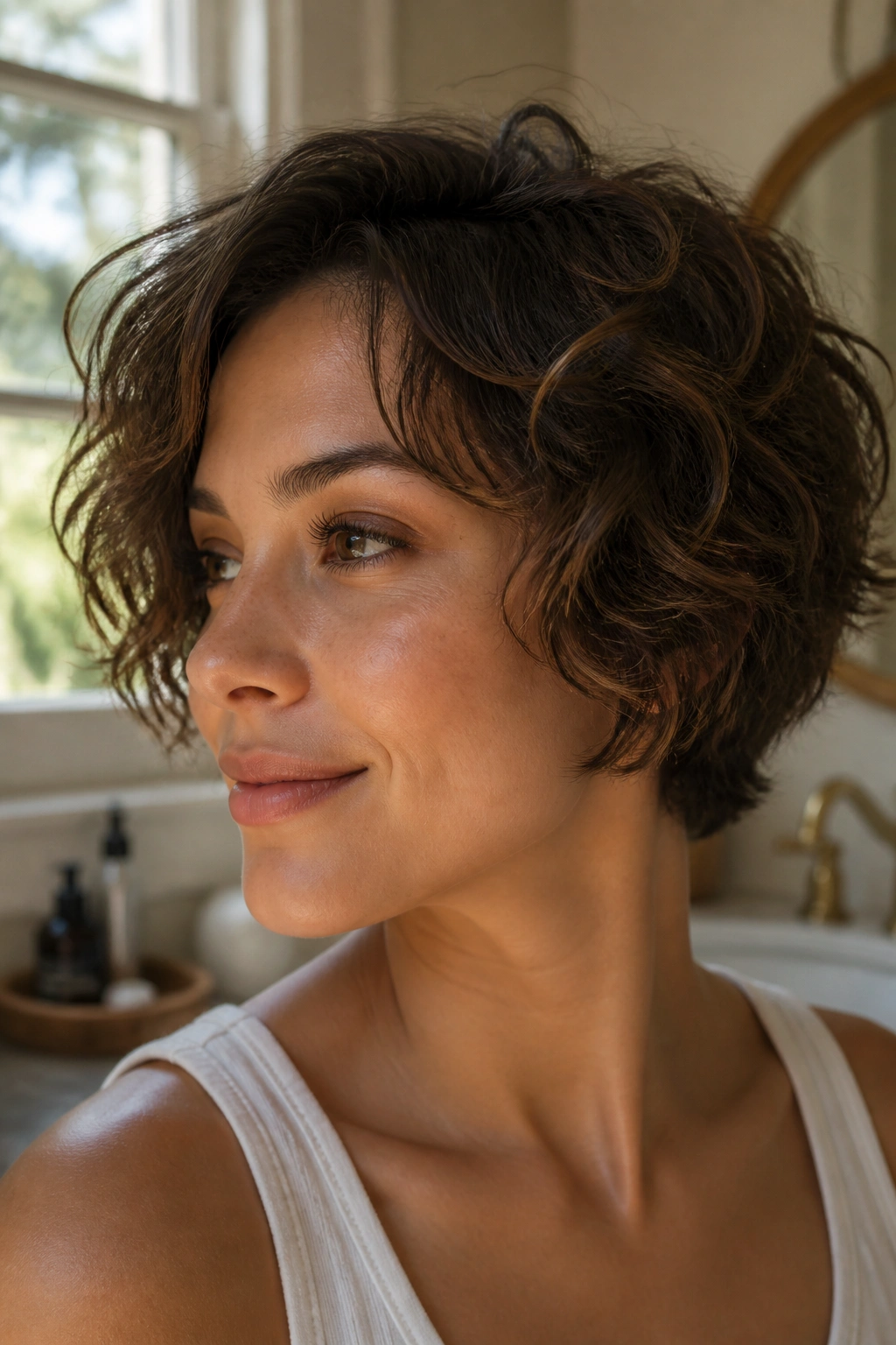 Close-up of real woman with diffused rounded crop short waves