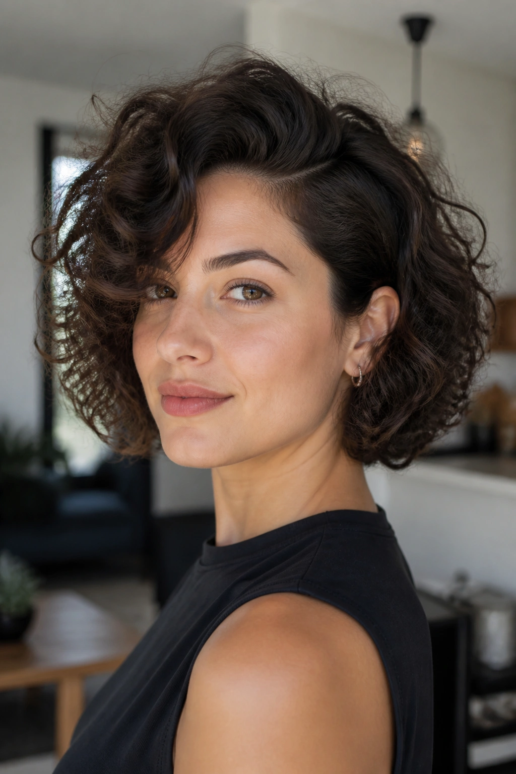 Close-up of a real person with a diffused side-part curly bob.