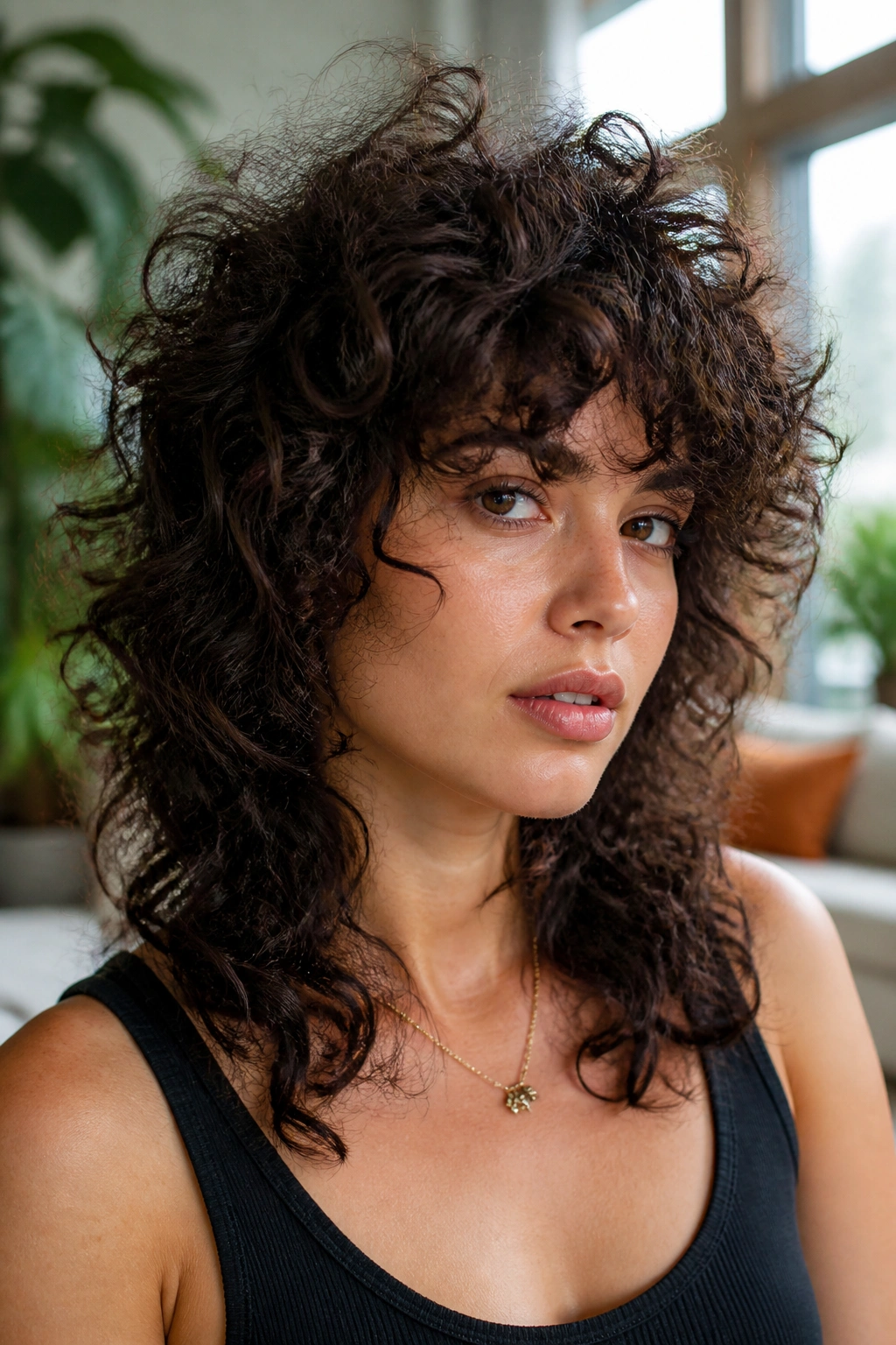 Close-up portrait of a real person with diffused volume wolf cut in bright room