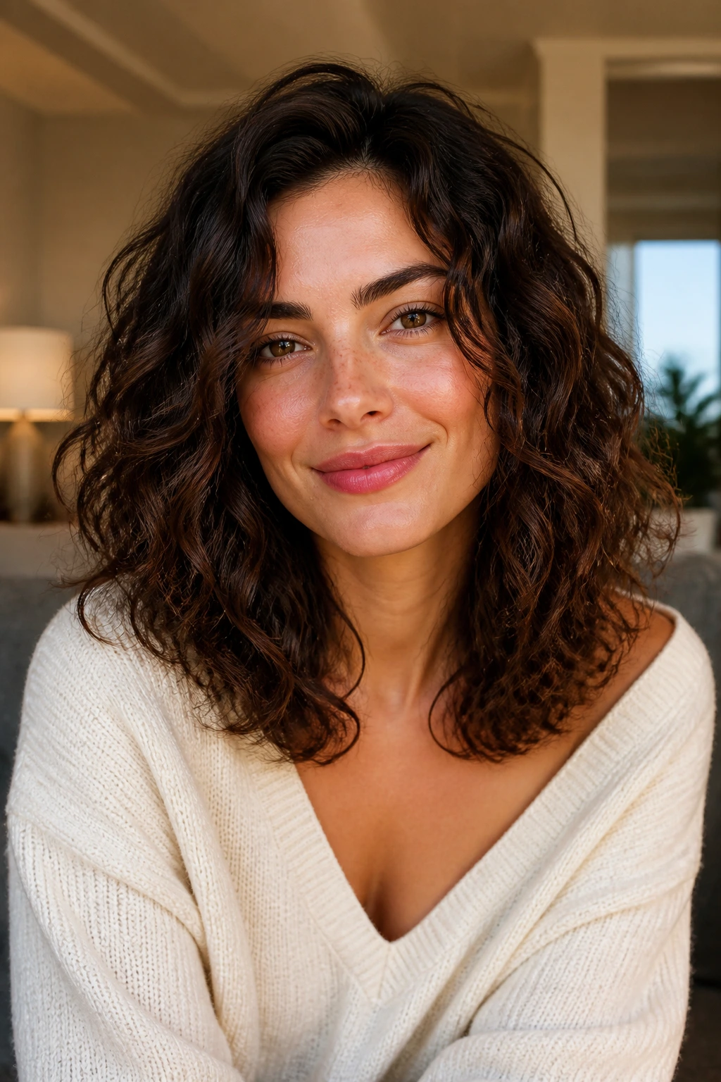 Medium close-up of a person with diffused wash-and-go waves and defined ends