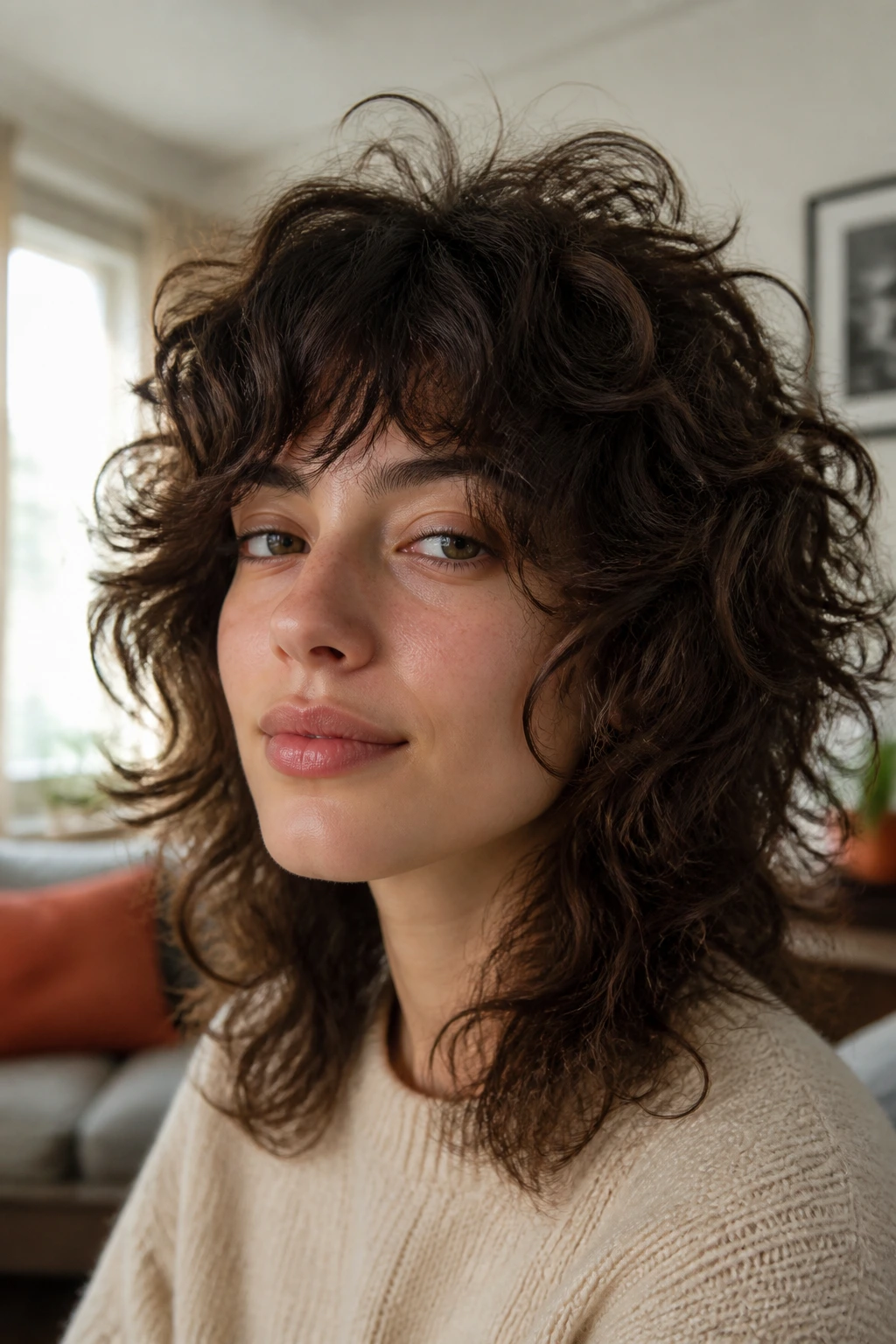 Close-up of a real person with a messy diffused wolf cut showing lift and texture.