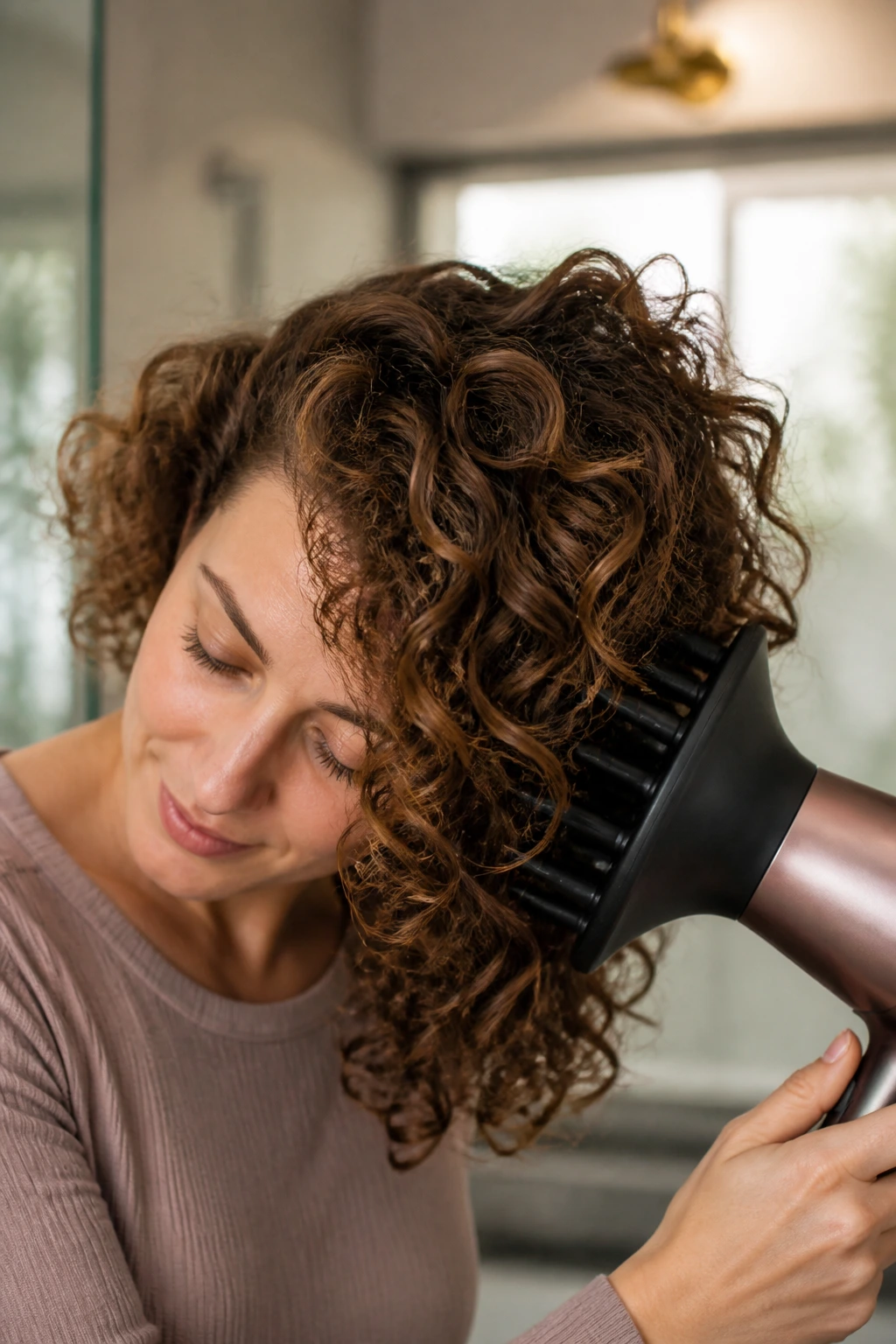 Close-up of hair with defined waves created by a diffuser on a real person