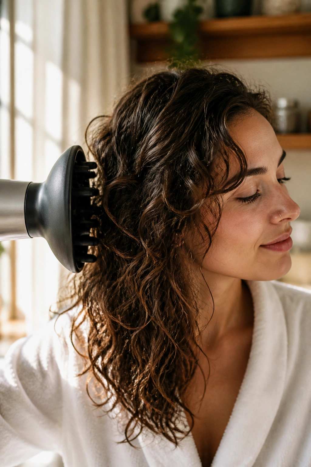 Medium close-up of a person diffusing damp waves with a diffuser hovering above the hair.