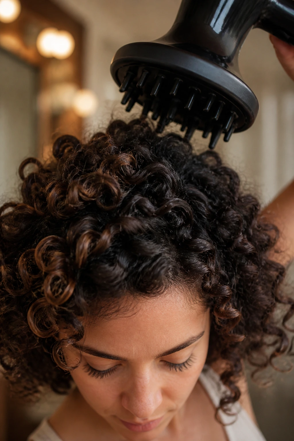 Close-up of a real person diffusing curls with a diffuser hovering around the head