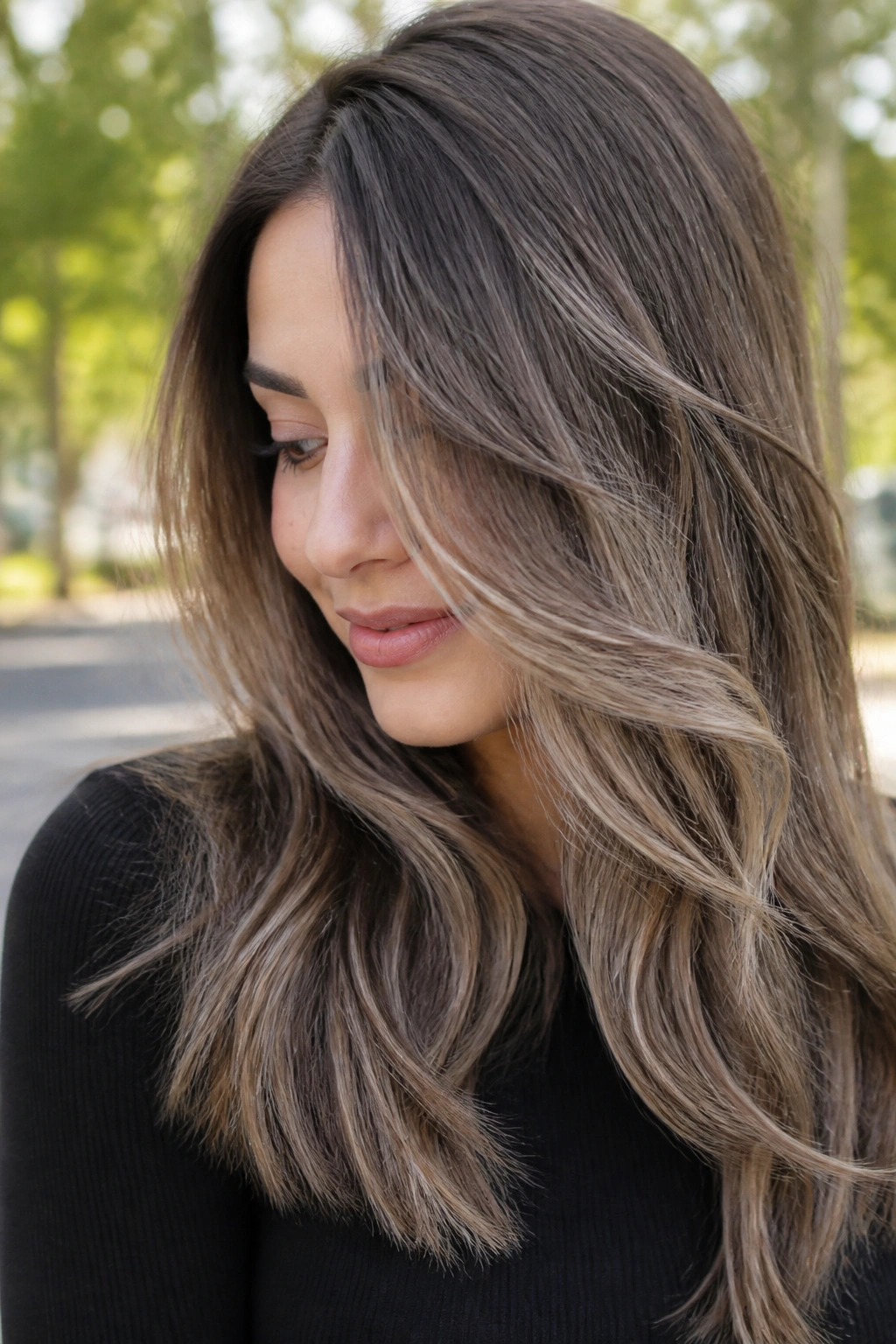 Close-up of a person with dimensional ash brown hair and soft sand highlights