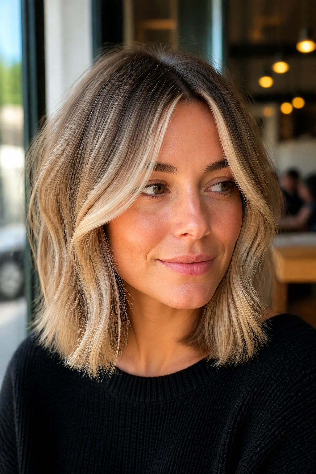 Close-up portrait of a real woman with a dimensional blonde lob and soft money piece