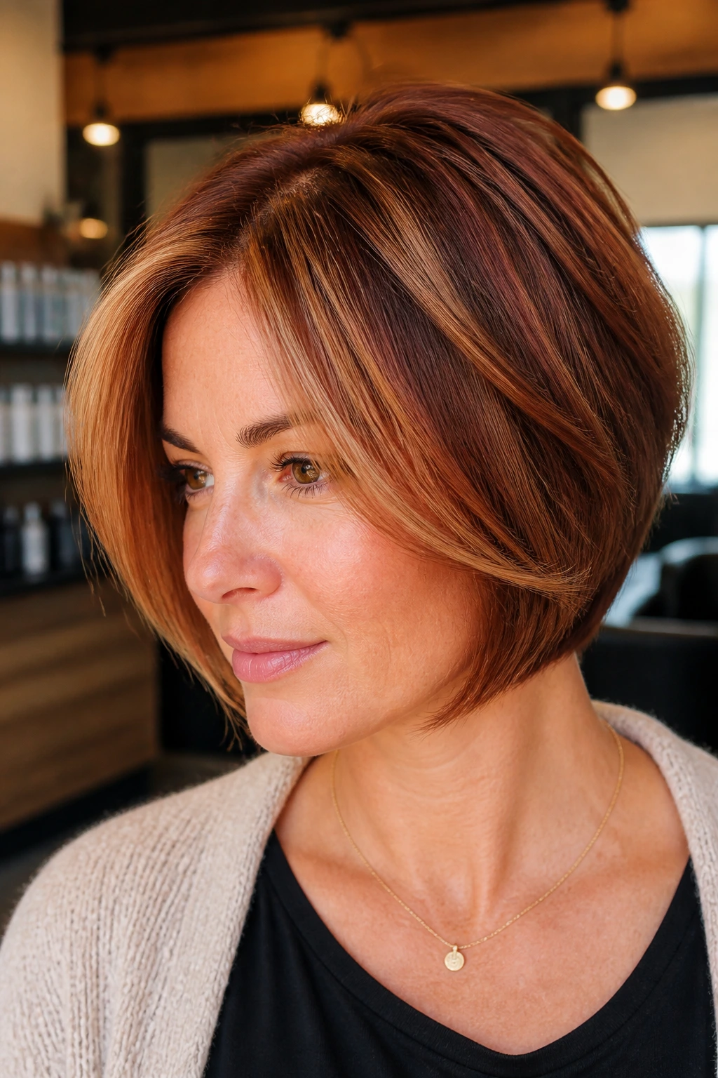 Close-up of a real person with a dimensional auburn and caramel bob.