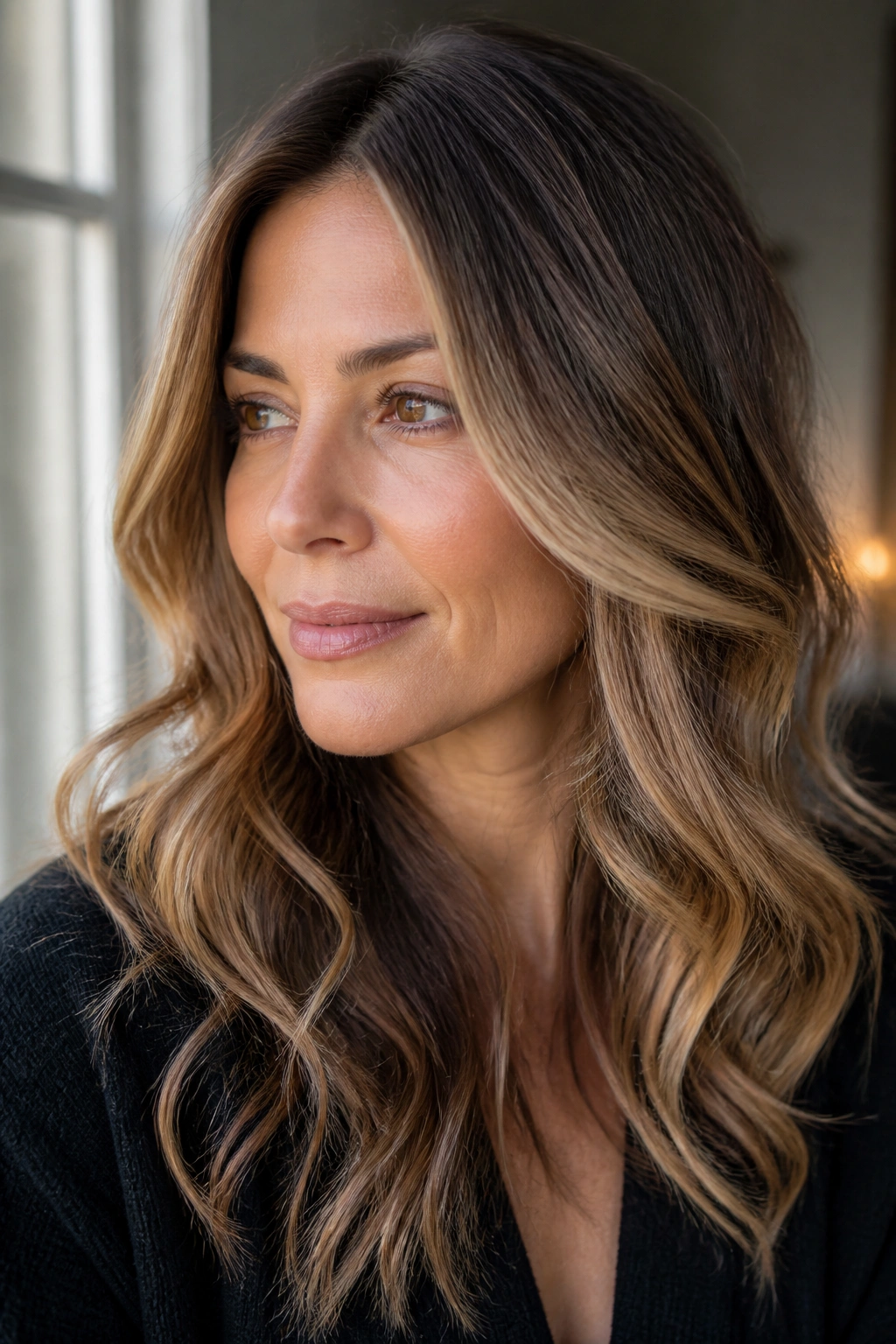 Real woman with dimensional bronde balayage featuring multiple tones around the face