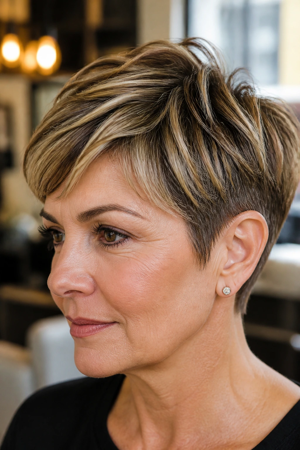 Close-up portrait of a real woman with dimensional bronde pixie crop, lift on fringe and crown