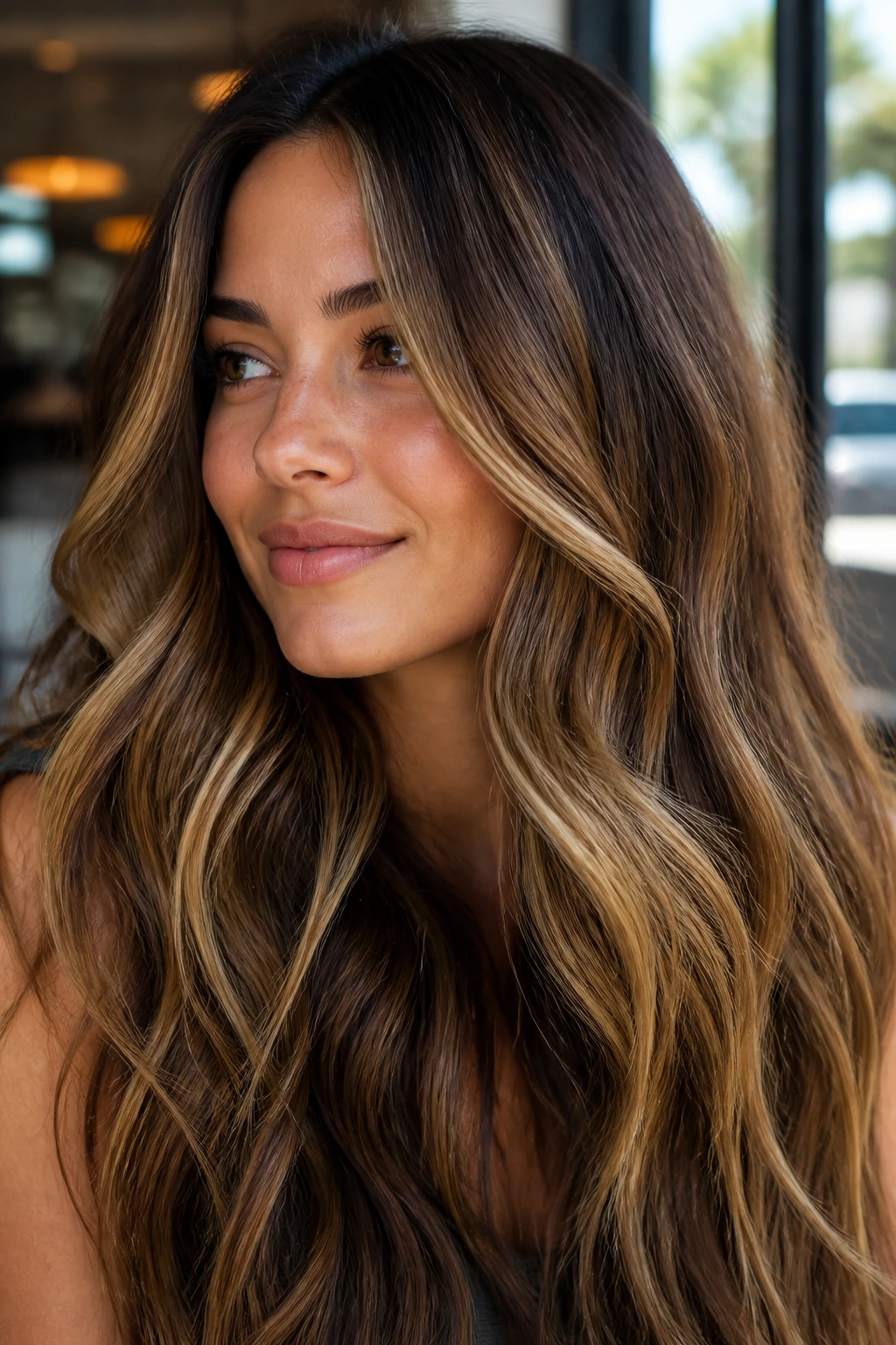Close-up portrait of a real woman with long brunette hair showcasing dimensional balayage in caramel, light brown, and blonde tones