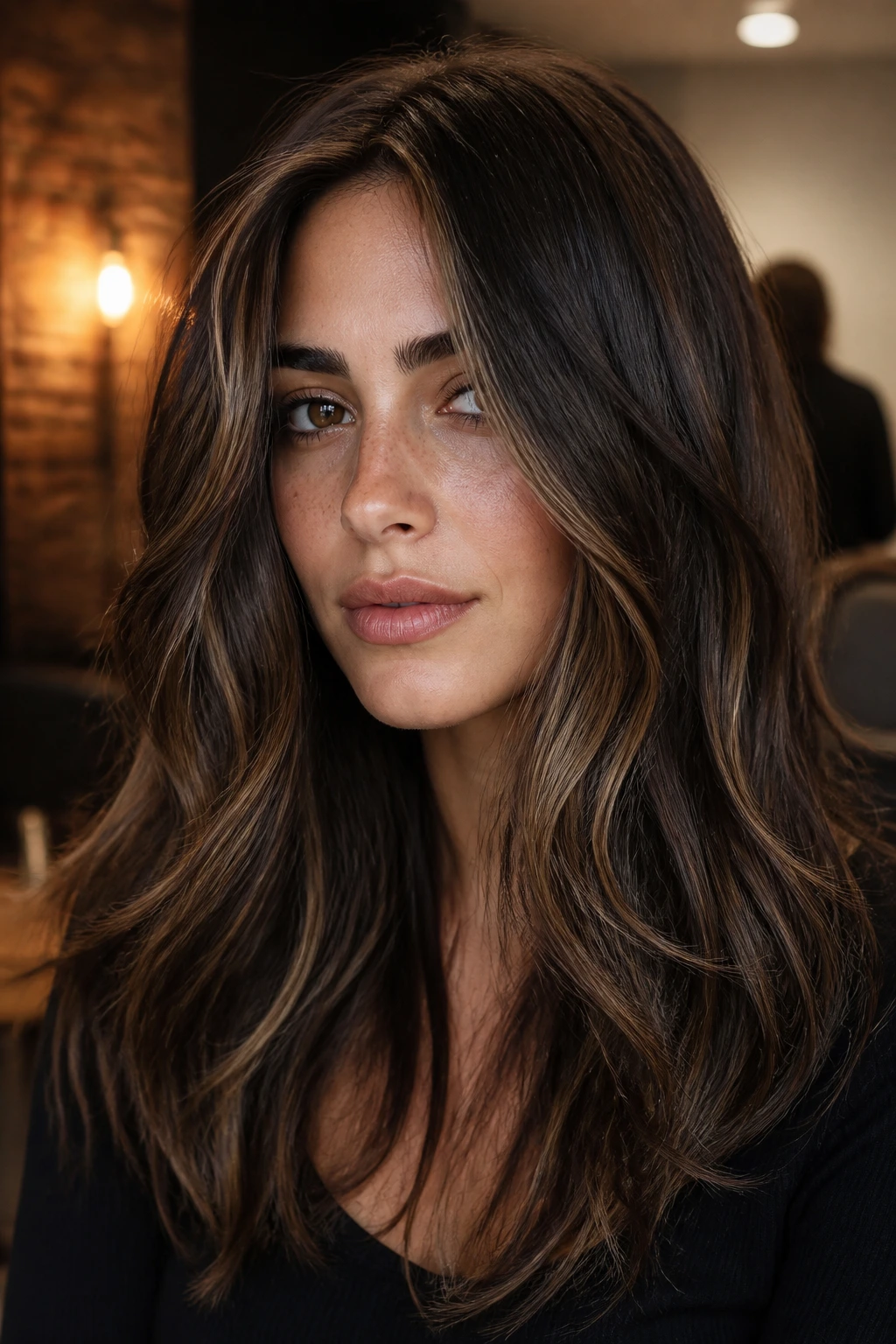 Close-up portrait of a real woman with dimensional brunette and lowlights.