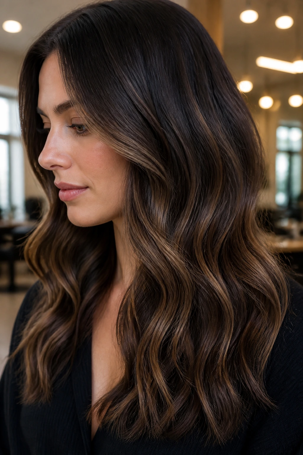 Close-up of a real person with micro-balayage on brunette waves and a soft root shadow