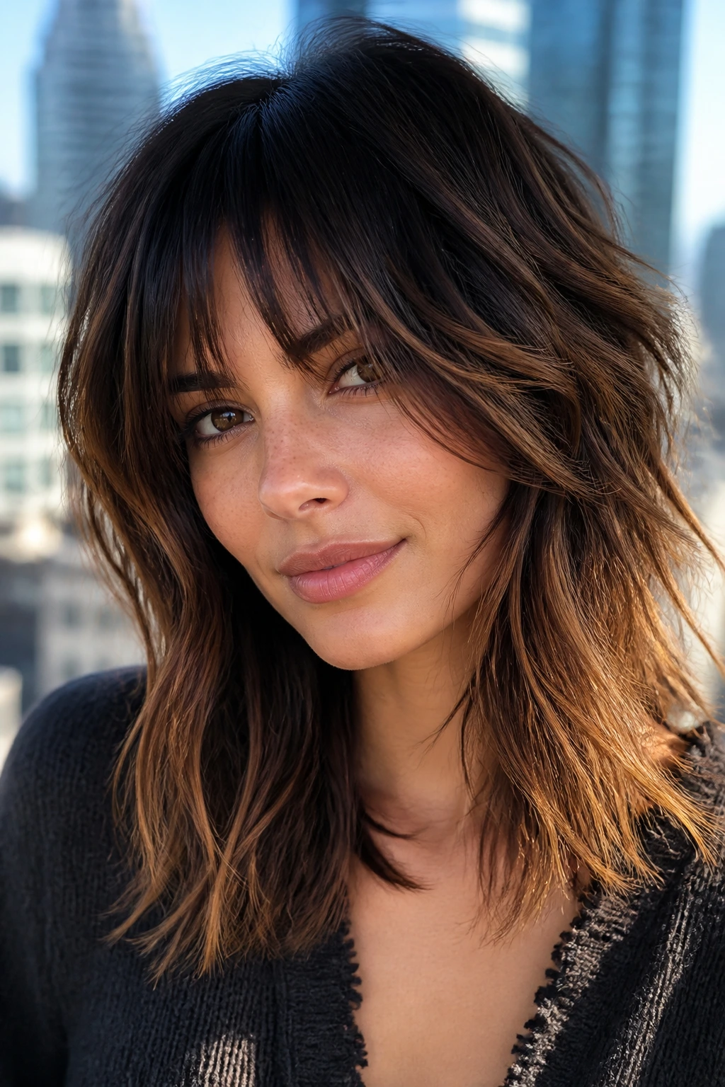 Close-up of a real brunette with dimensional shag and deep color contrast.