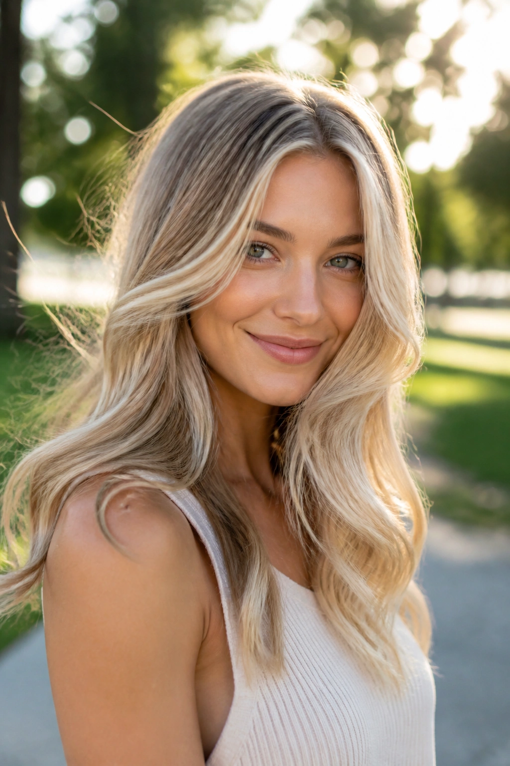 Close-up portrait of a person with dimensional butter blonde hair in sunlit outdoor setting